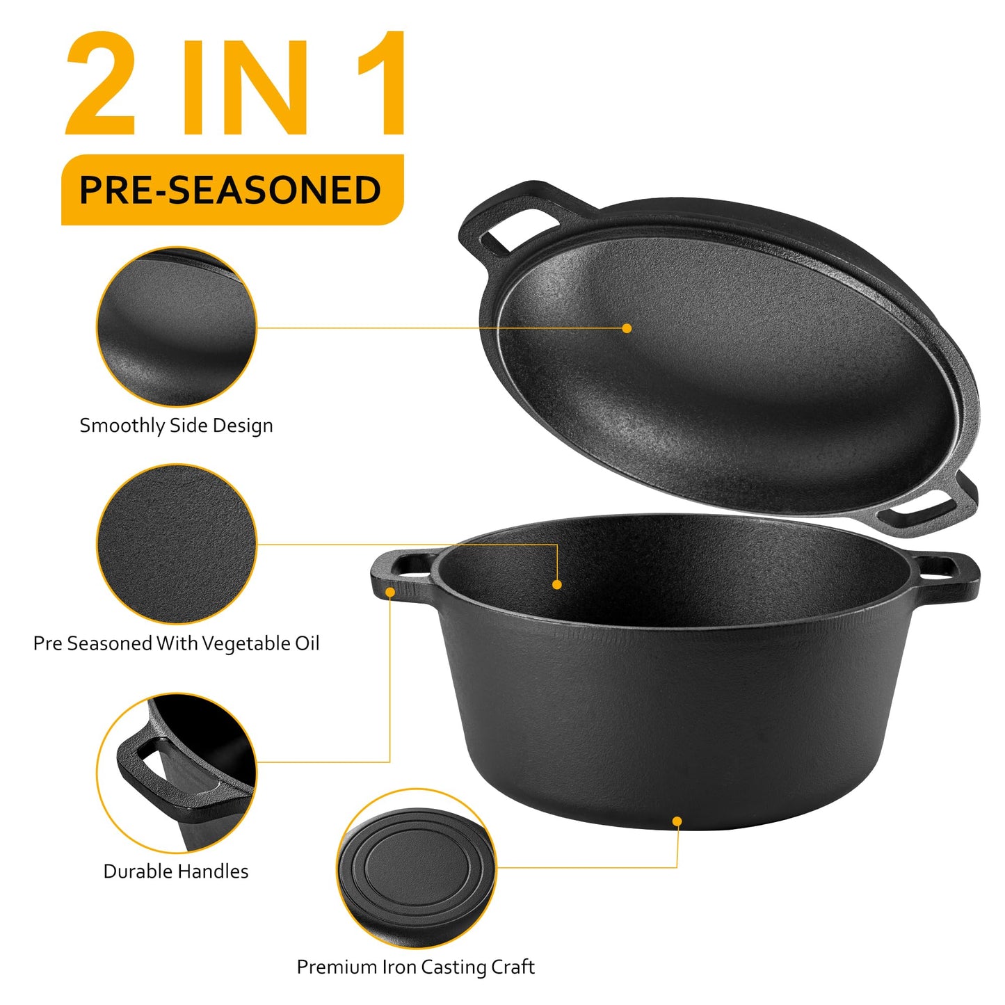 Velaze 10QT Camping Dutch Oven, Pre-Seasoned Cast Iron Camp Dutch Oven Pot with Lid, for Use in the Oven, on the Stove, Grill, or over the Campfire - Metal Handle, Lid Lifter, and Tripod