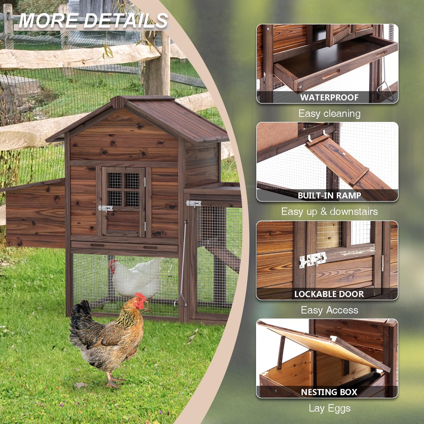 Wooden Chicken Coop Large Walk-in Outdoor Hen House with Nesting Box and Run,Poultry Cage Rabbit Hutch Waterproof UV Panel Cover for 2-4 Chickens 80''H Deep Brown #821 (80.75" L x 22" W x 44.5" H)