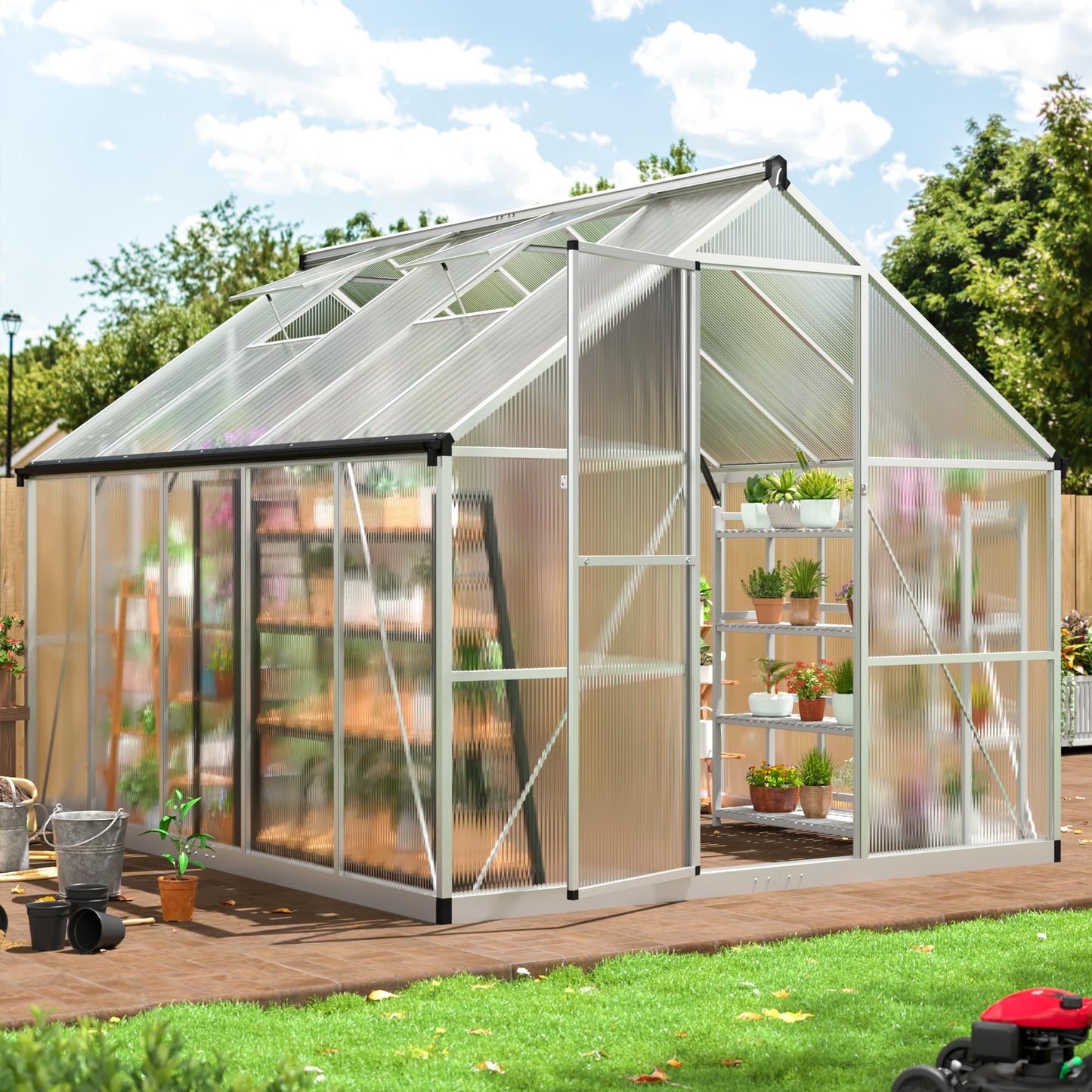 6x7.5 FT Greenhouse for Outdoors, Polycarbonate Greenhouse with Quick Setup Structure and Roof Vent, Aluminum Large Walk-in Greenhouse for Outside Garden Backyard, Black