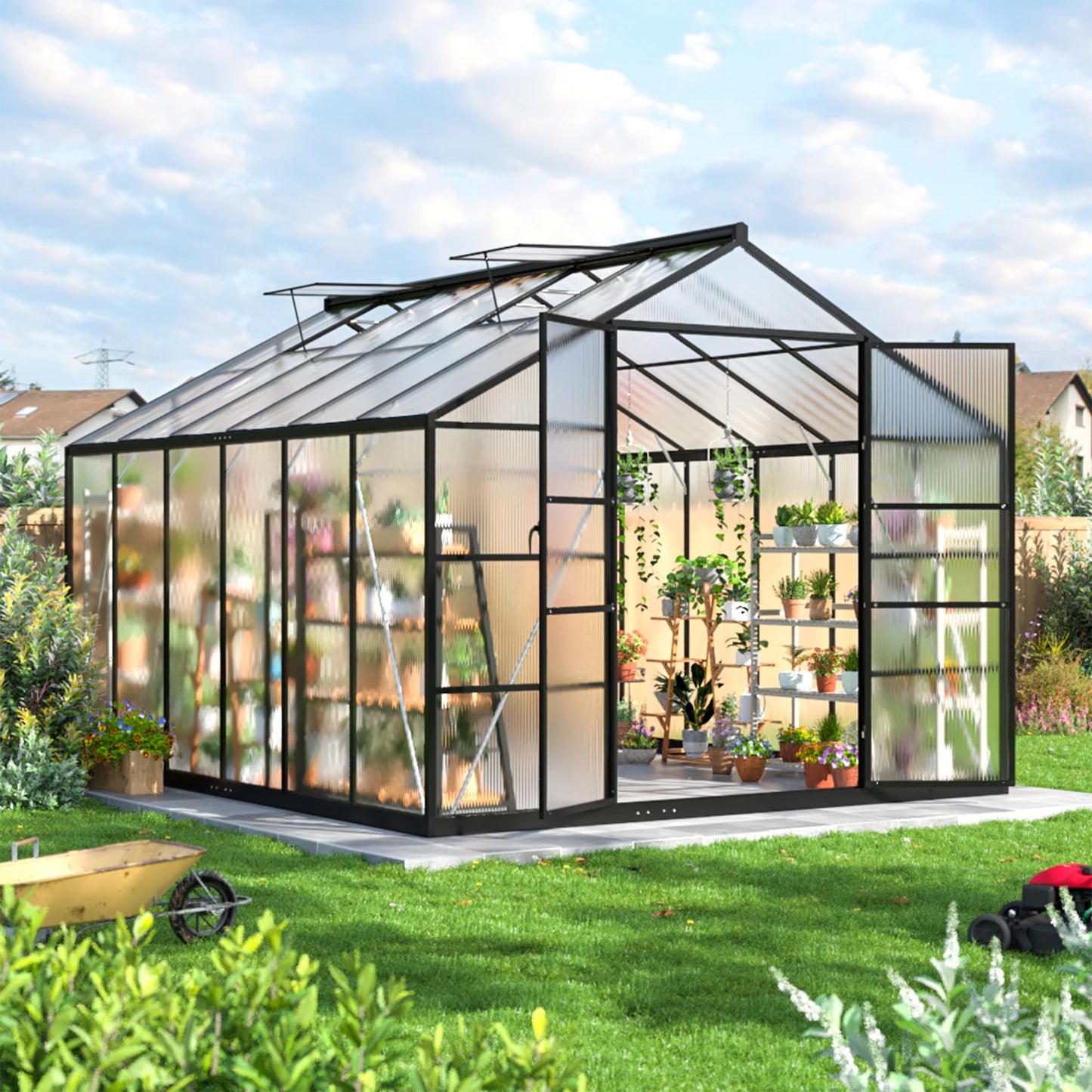 6x7.5 FT Greenhouse for Outdoors, Polycarbonate Greenhouse with Quick Setup Structure and Roof Vent, Aluminum Large Walk-in Greenhouse for Outside Garden Backyard, Black