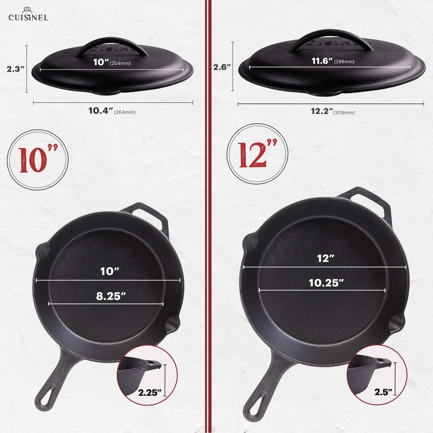 Cuisinel Cast Iron Skillet with Lid - 12"-inch Pre-Seasoned Covered Frying Pan Set + Silicone Handle & Lid Holders + Scraper/Cleaner - Indoor/Outdoor, Oven, Stovetop, Camping Fire, Grill Safe Cookware