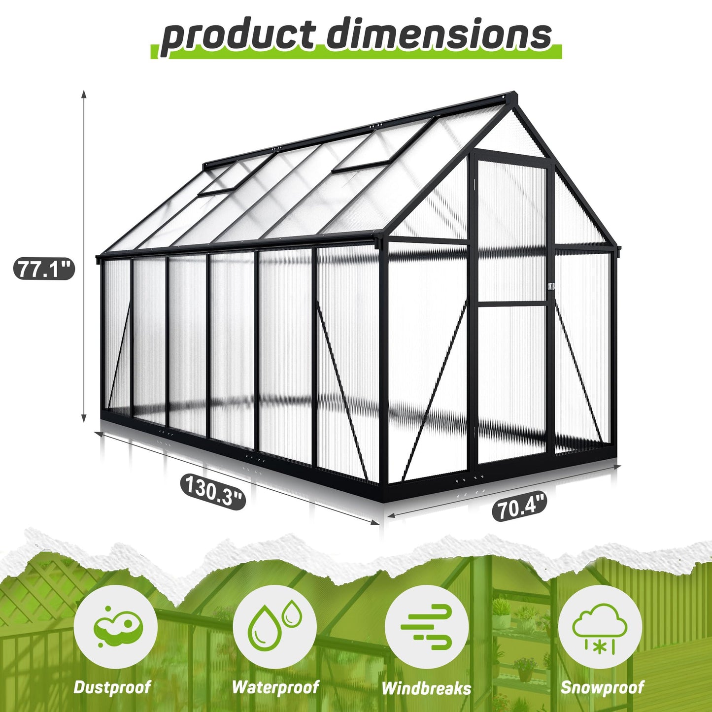 6x7.5 FT Greenhouse for Outdoors, Polycarbonate Greenhouse with Quick Setup Structure and Roof Vent, Aluminum Large Walk-in Greenhouse for Outside Garden Backyard, Black