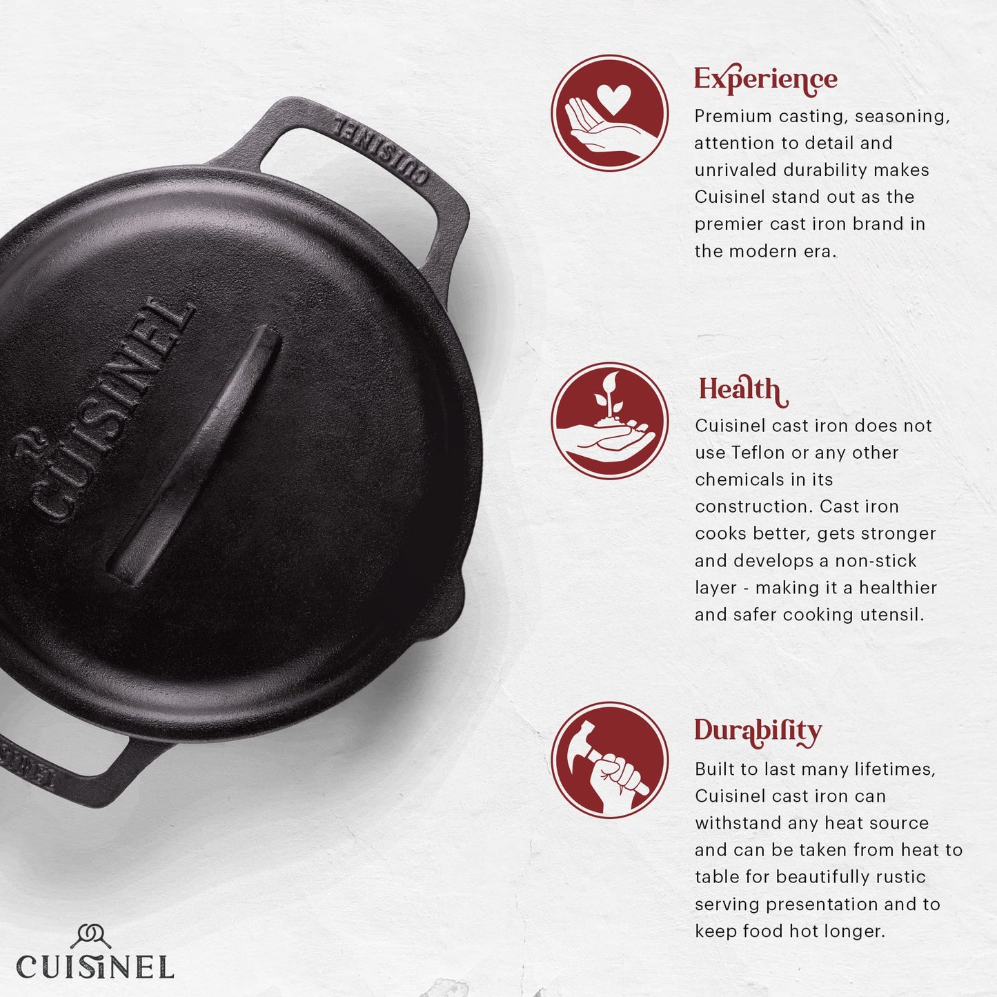 Cuisinel Cast Iron Skillet with Lid - 12"-inch Pre-Seasoned Covered Frying Pan Set + Silicone Handle & Lid Holders + Scraper/Cleaner - Indoor/Outdoor, Oven, Stovetop, Camping Fire, Grill Safe Cookware