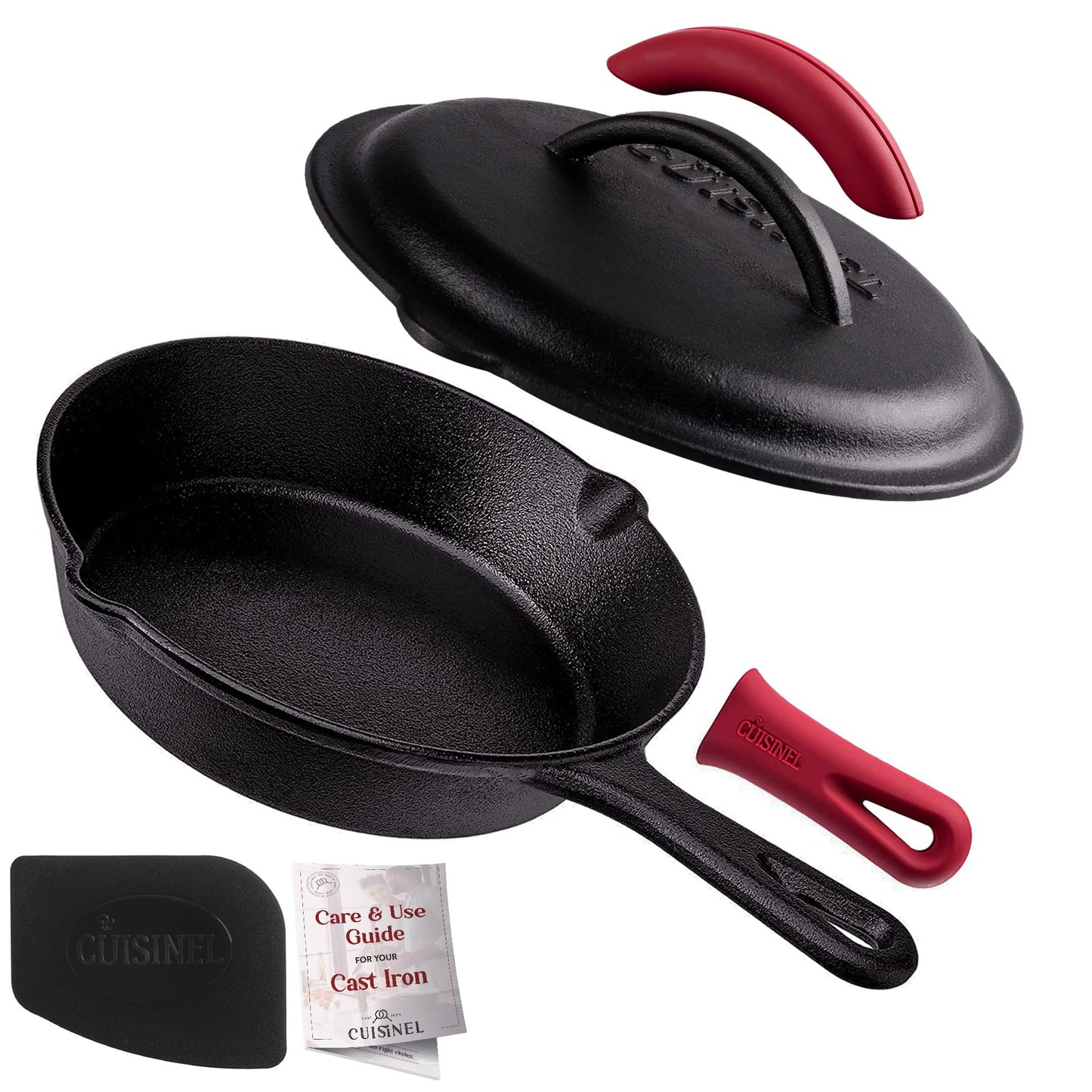 Cuisinel Cast Iron Skillet with Lid - 12"-inch Pre-Seasoned Covered Frying Pan Set + Silicone Handle & Lid Holders + Scraper/Cleaner - Indoor/Outdoor, Oven, Stovetop, Camping Fire, Grill Safe Cookware