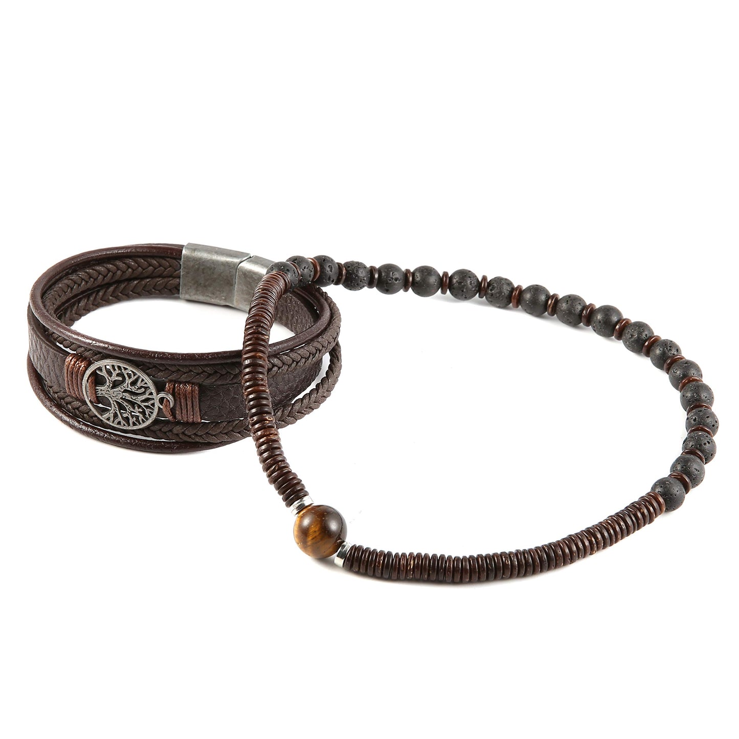 HZMAN Genuine Leather Tree of life Bracelets Men Women, Tiger Eye Natural Stone Lava Rock Beads Ethnic Tribal Elastic Bracelets Wristbands