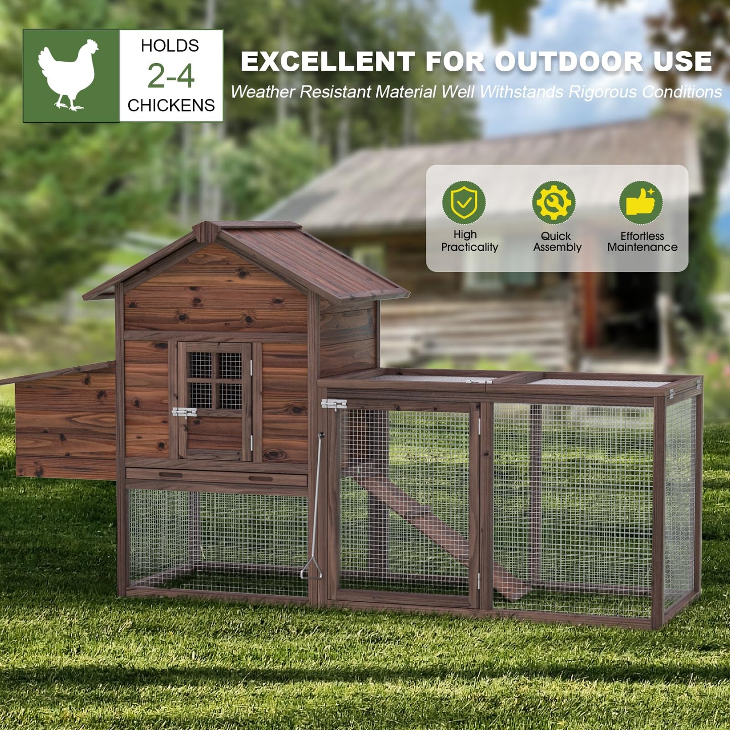 Wooden Chicken Coop Large Walk-in Outdoor Hen House with Nesting Box and Run,Poultry Cage Rabbit Hutch Waterproof UV Panel Cover for 2-4 Chickens 80''H Deep Brown #821 (80.75" L x 22" W x 44.5" H)