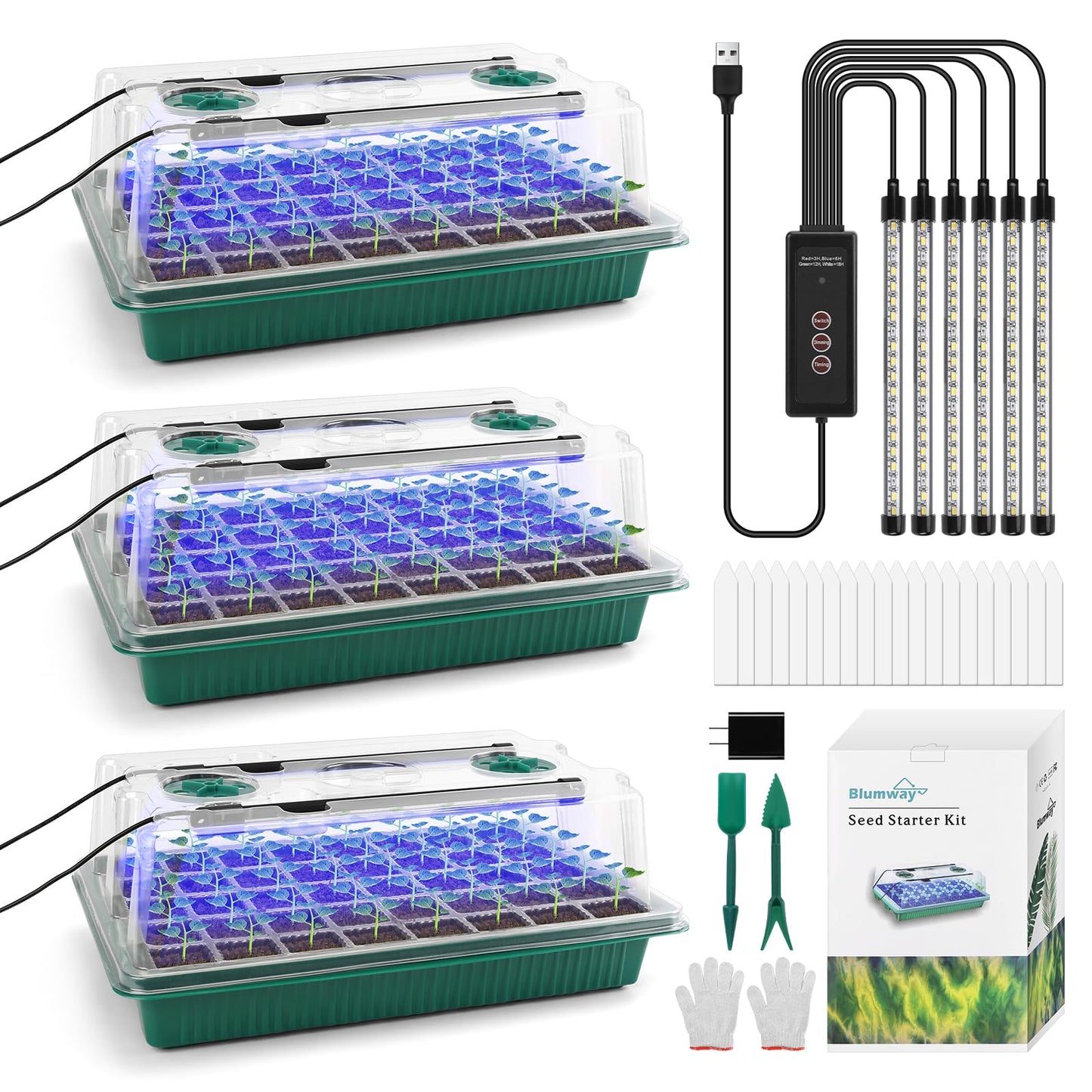 Seed Starter Tray with Grow Light,3 Pack 120 Cells Seedling Tray with Humidity Dome/Indoor Grow Kit for Deep-Rooted Seedlings,Adjustable/Timed Light Plant Starter Set