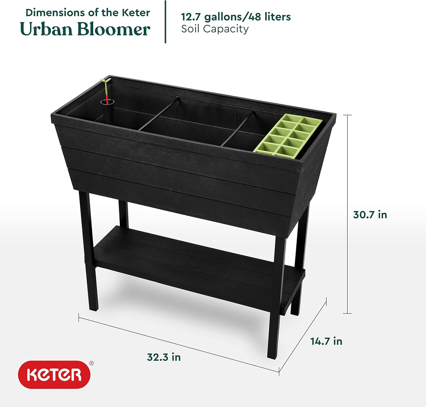 Keter Urban Bloomer 12.7 Gallon Raised Garden Bed and Outdoor Herb Garden Planter with Self Watering Gauge and Drainage Plug, Dark Grey