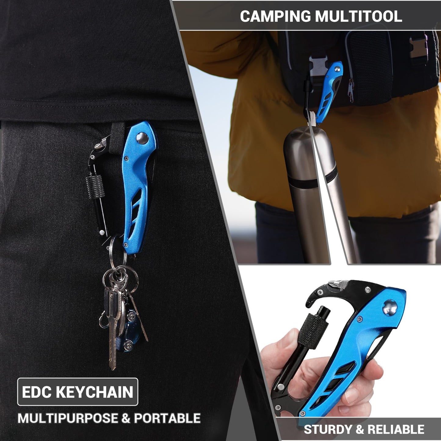 Multitool Carabiner with Pocket Knife, Stocking Stuffers Gifts for Men, EDC Carabiners with Folding Knives, Bottle Opener, Window Breaker and Screwdriver, Survival Gear for Camping Hiking