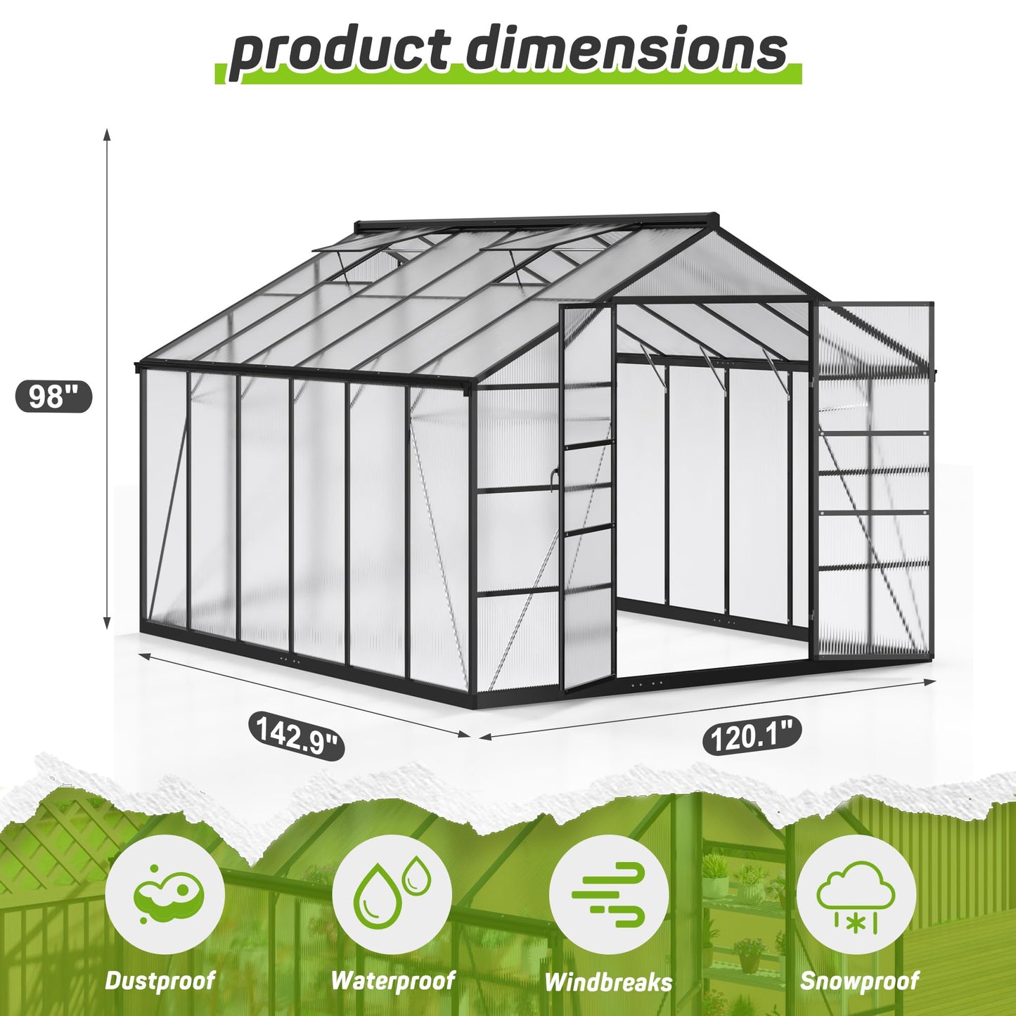 6x7.5 FT Greenhouse for Outdoors, Polycarbonate Greenhouse with Quick Setup Structure and Roof Vent, Aluminum Large Walk-in Greenhouse for Outside Garden Backyard, Black