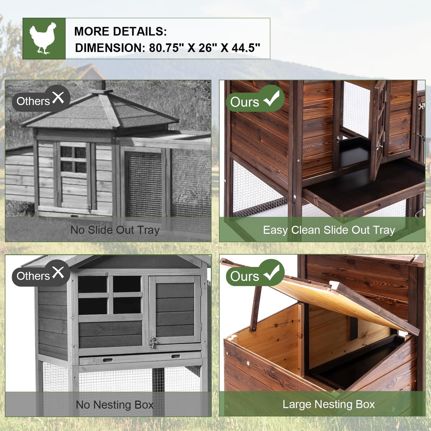 Wooden Chicken Coop Large Walk-in Outdoor Hen House with Nesting Box and Run,Poultry Cage Rabbit Hutch Waterproof UV Panel Cover for 2-4 Chickens 80''H Deep Brown #821 (80.75" L x 22" W x 44.5" H)