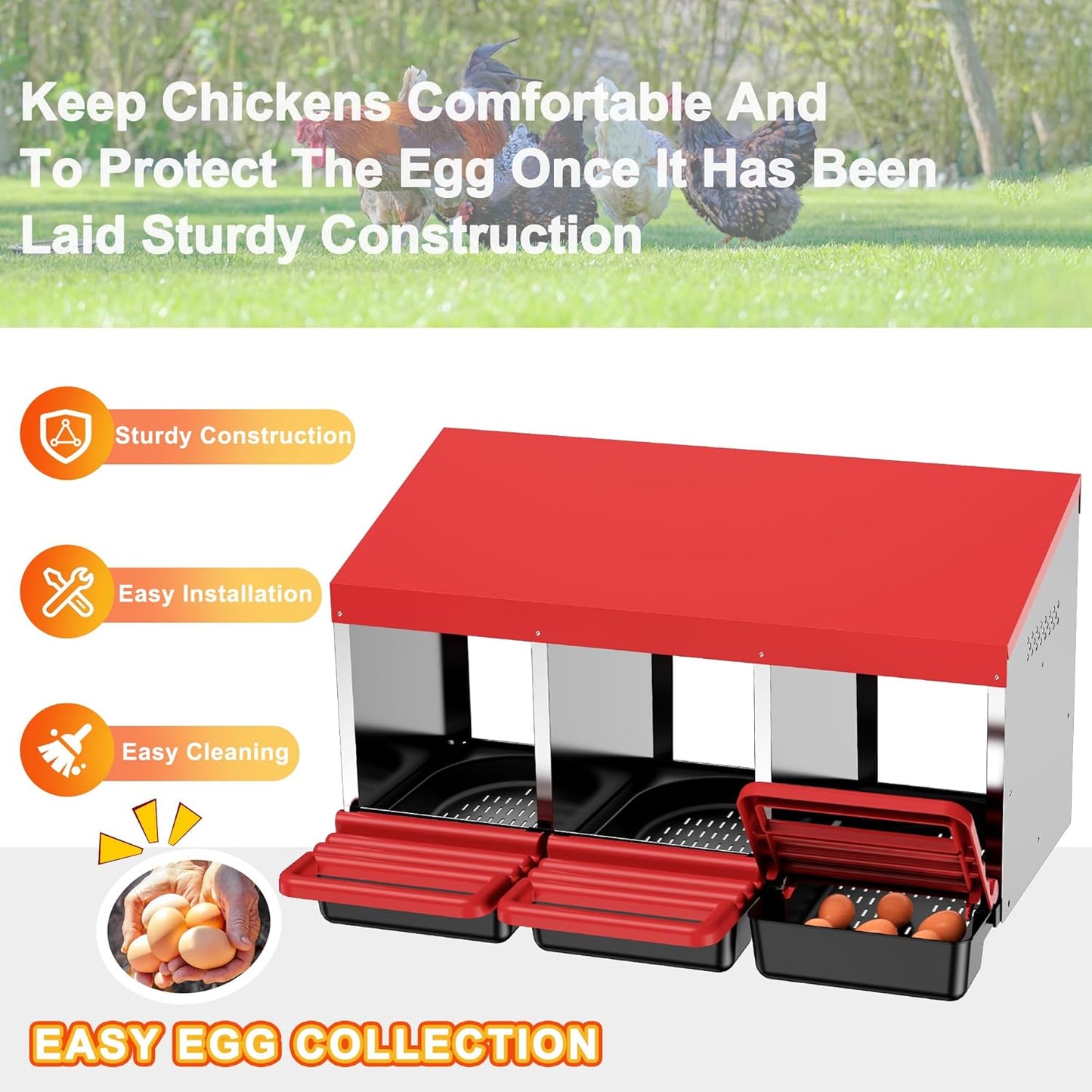 Chicken Nesting Boxes, 3 Hole Metal Chicken Egg Laying Box with Swing Perch and Rollout Egg Collection for Chicken Coop