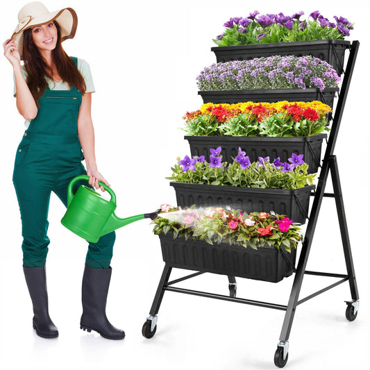 Homdox 4FT Vertical Garden Bed, 5 Tiers Vertical Raised Garden Planter, 25.6 * 26 * 48Inch Garden Raised Bed with 4 Hooks & 4 Wheels, Vegetable Flower Planter Raised Stand for Garden Patio Yard, Black