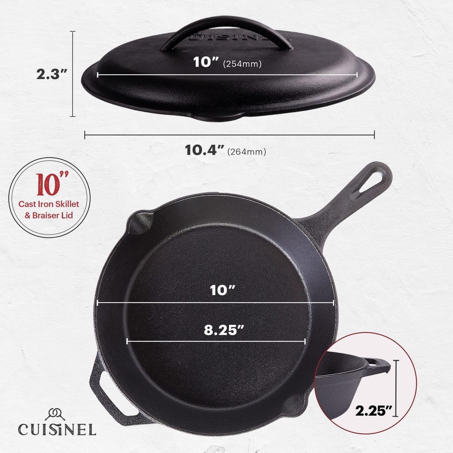 Cuisinel Cast Iron Skillet with Lid - 12"-inch Pre-Seasoned Covered Frying Pan Set + Silicone Handle & Lid Holders + Scraper/Cleaner - Indoor/Outdoor, Oven, Stovetop, Camping Fire, Grill Safe Cookware