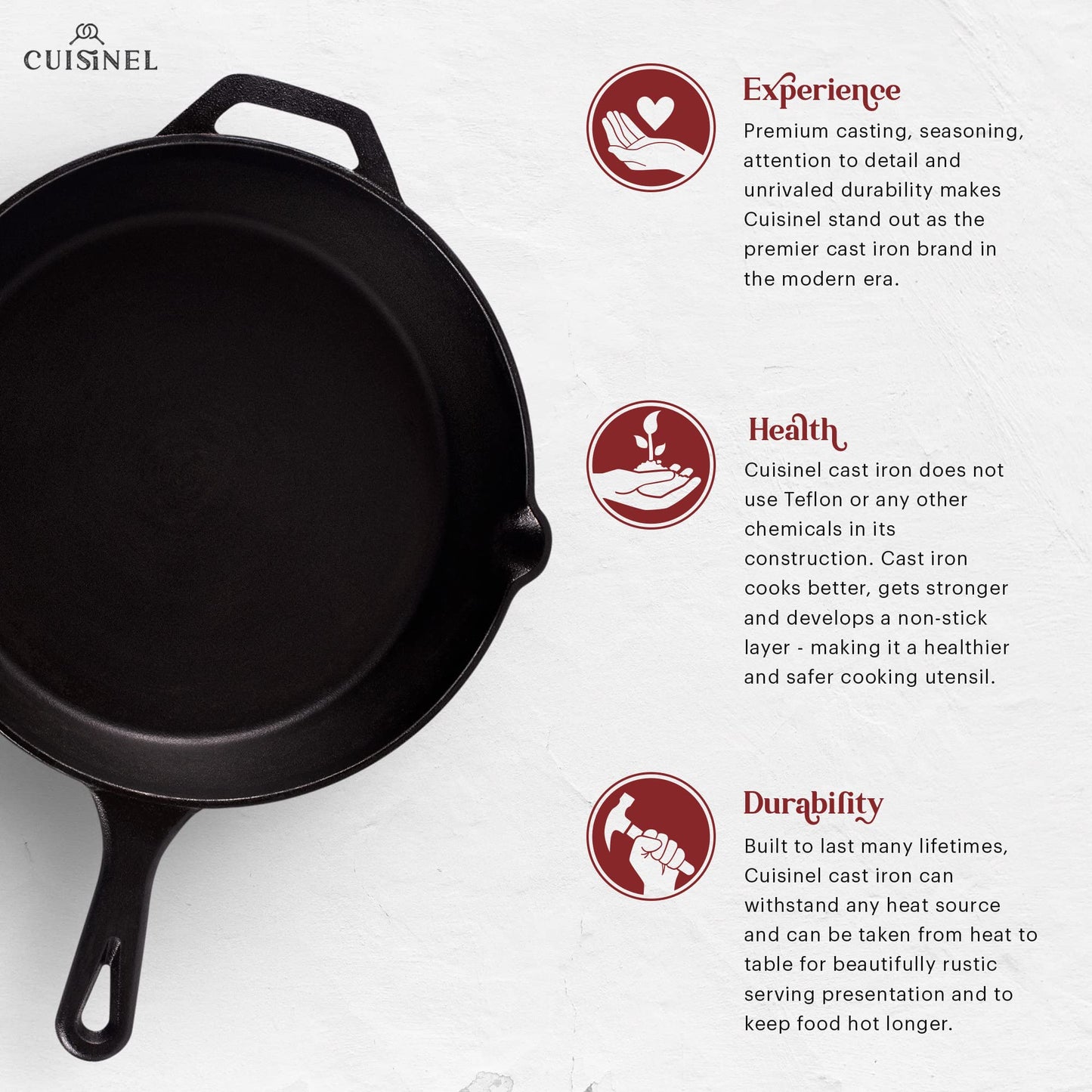 Cuisinel Cast Iron Skillet with Lid - 12"-inch Pre-Seasoned Covered Frying Pan Set + Silicone Handle & Lid Holders + Scraper/Cleaner - Indoor/Outdoor, Oven, Stovetop, Camping Fire, Grill Safe Cookware