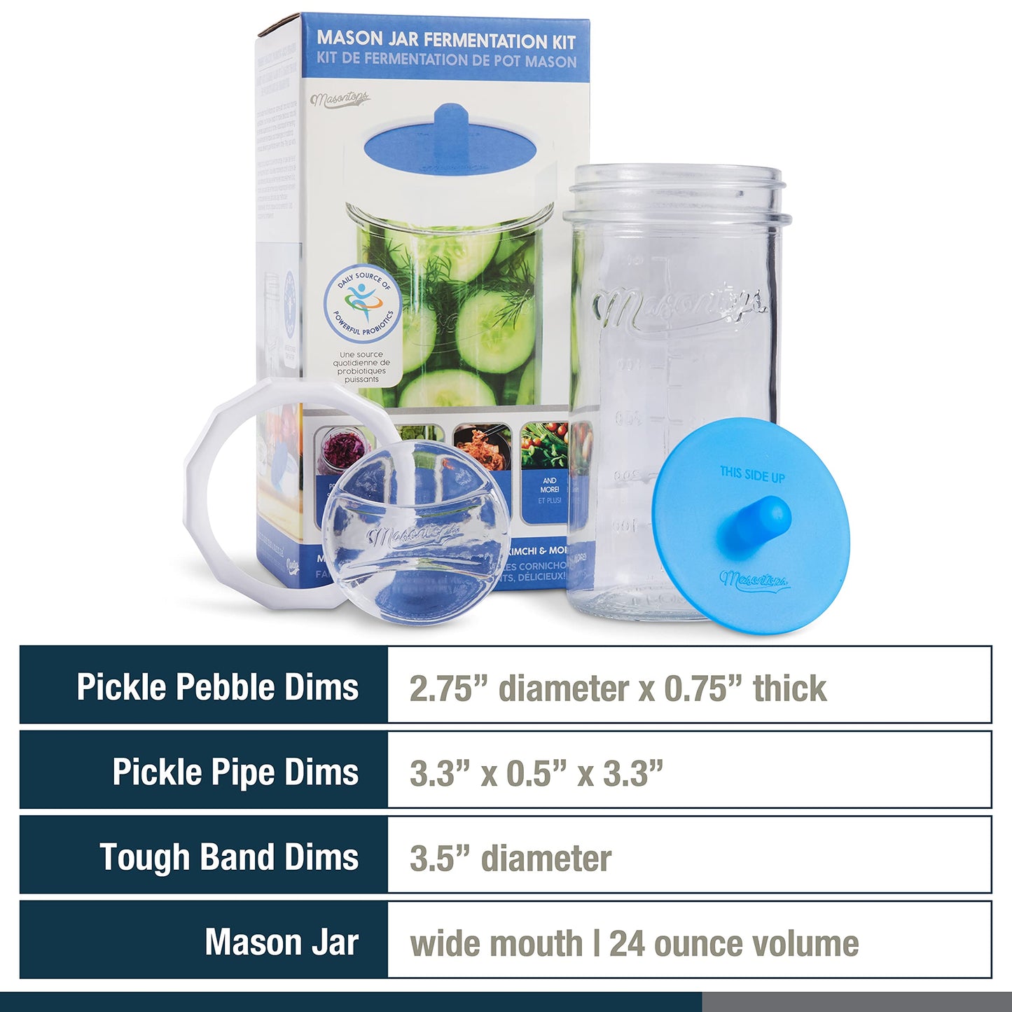 Masontops Complete Mason Jar Fermentation Kit - Pickle Kit, Sauerkraut Making Kit Kimchi Container - Fermentation Airlock Lids Wide Mouth Mason Jars