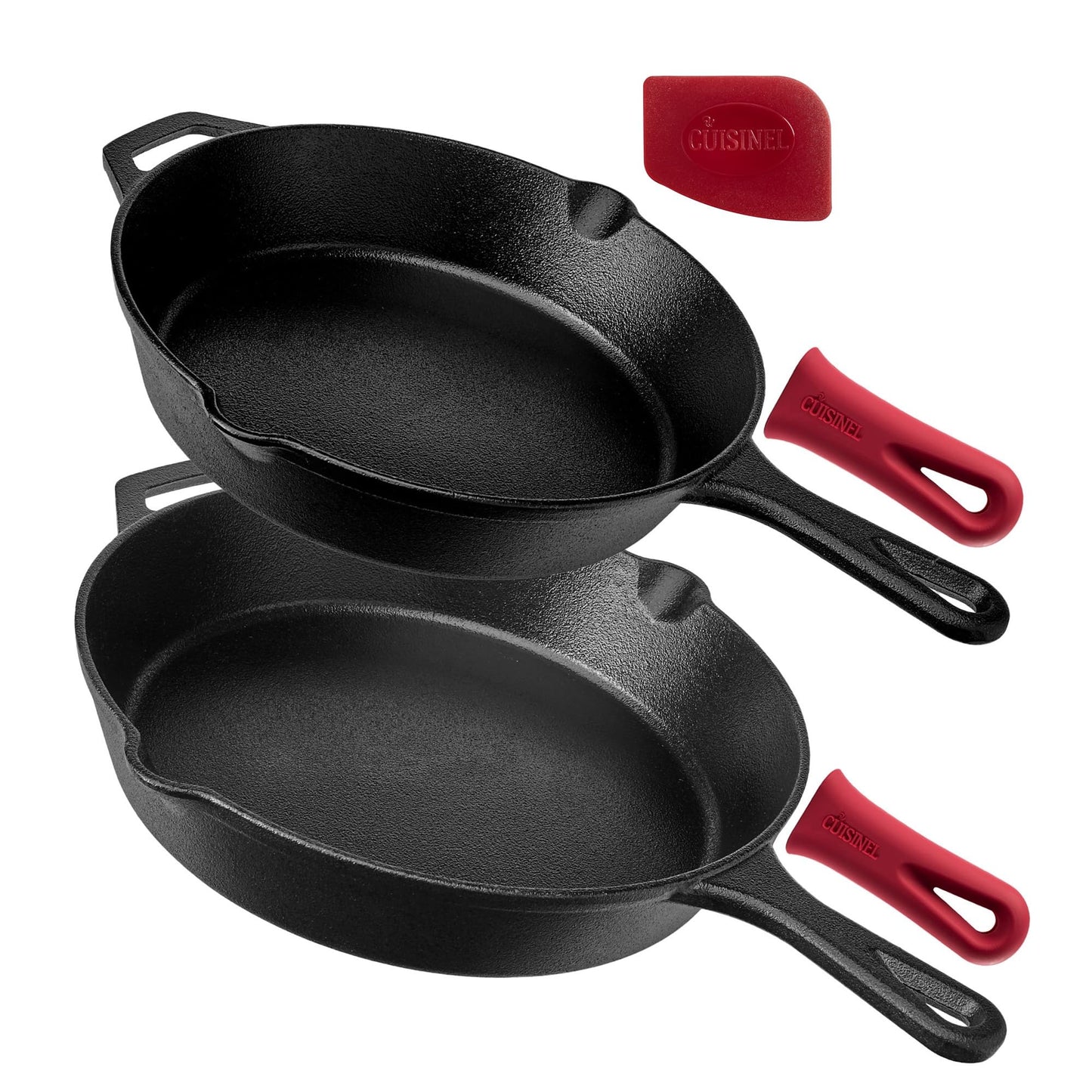 Cuisinel Cast Iron Skillet with Lid - 12"-inch Pre-Seasoned Covered Frying Pan Set + Silicone Handle & Lid Holders + Scraper/Cleaner - Indoor/Outdoor, Oven, Stovetop, Camping Fire, Grill Safe Cookware