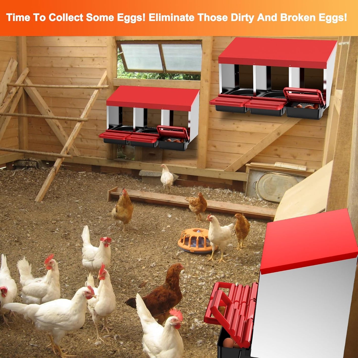 Chicken Nesting Boxes, 3 Hole Metal Chicken Egg Laying Box with Swing Perch and Rollout Egg Collection for Chicken Coop