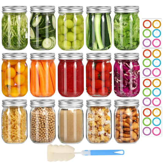 Mason Jars 16 oz with Lids and Bands, 15 Pack Regular Mouth Canning Jars, Clear Glass Jars for Canning, Food Storage and Fermenting, Labels & Brusher Included - Microwave & Dishwasher Safe