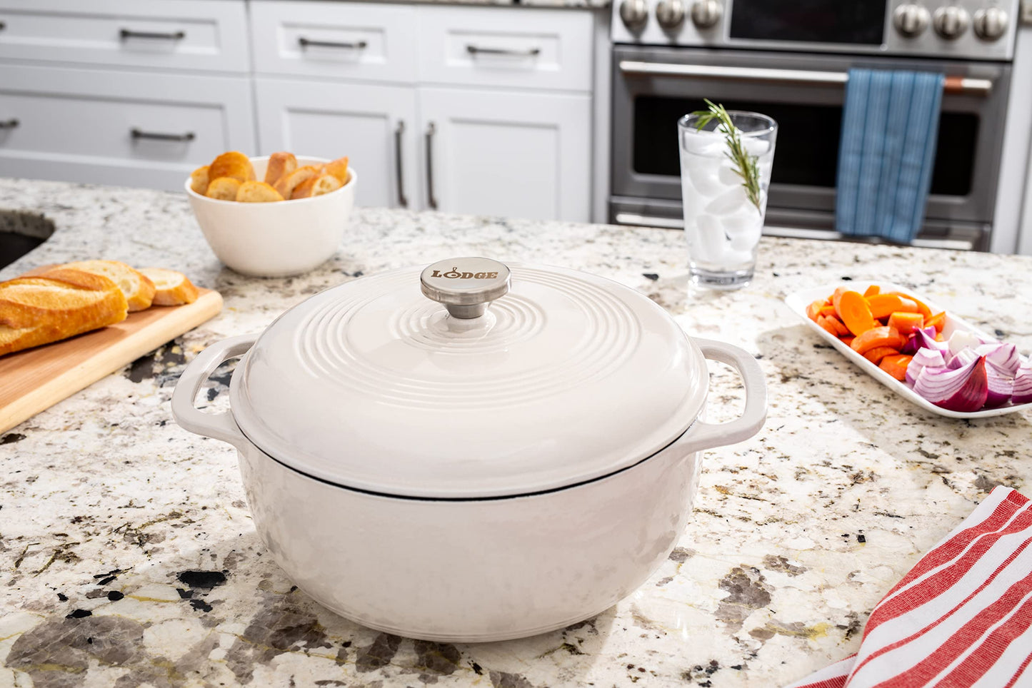 Lodge 6 Quart Enameled Cast Iron Dutch Oven with Lid – Dual Handles – Oven Safe up to 500° F or on Stovetop - Use to Marinate, Cook, Bake, Refrigerate and Serve – Blue