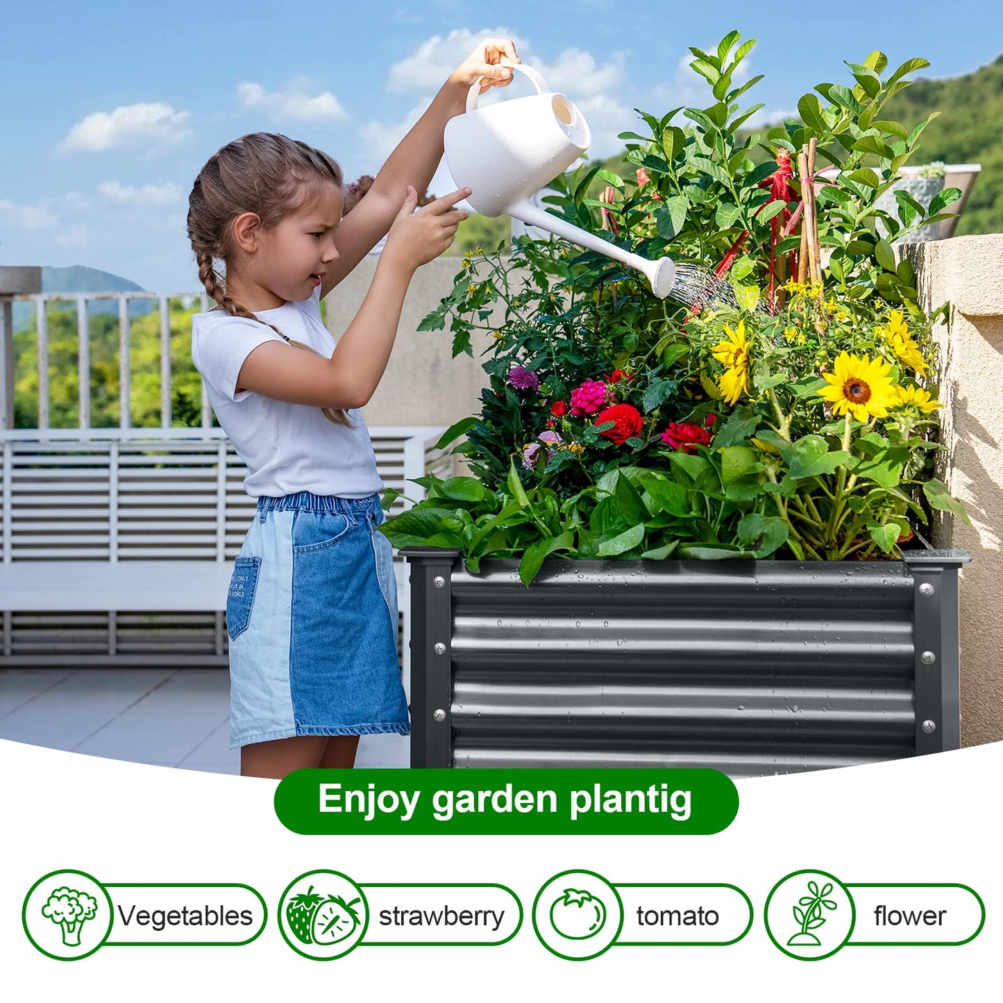 Land Guard Galvanized Raised Garden Bed with Legs, 48×24×32in Large Metal Elevated Raised Planter Box with Drainage Holes for Backyard, Patio, Balcony, 400lb Capacity