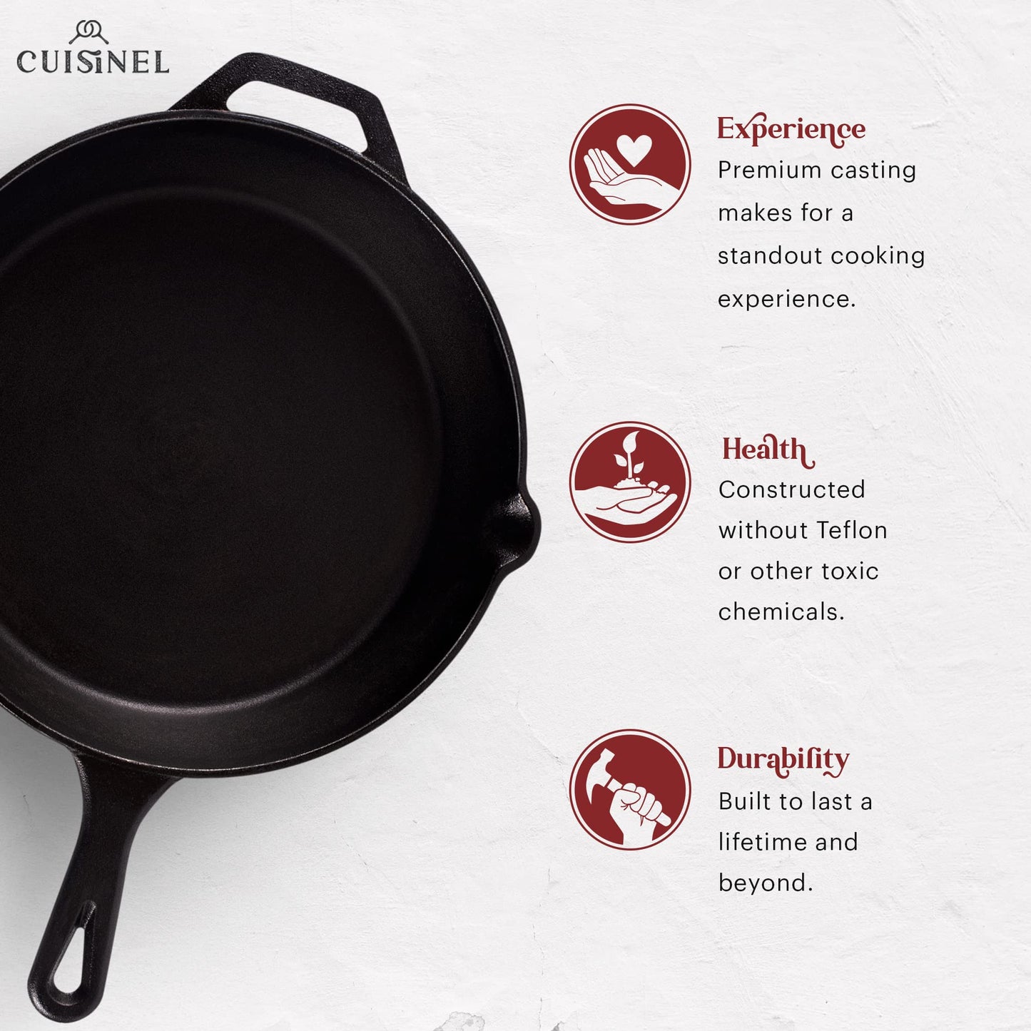 Cuisinel Cast Iron Skillet with Lid - 12"-inch Pre-Seasoned Covered Frying Pan Set + Silicone Handle & Lid Holders + Scraper/Cleaner - Indoor/Outdoor, Oven, Stovetop, Camping Fire, Grill Safe Cookware