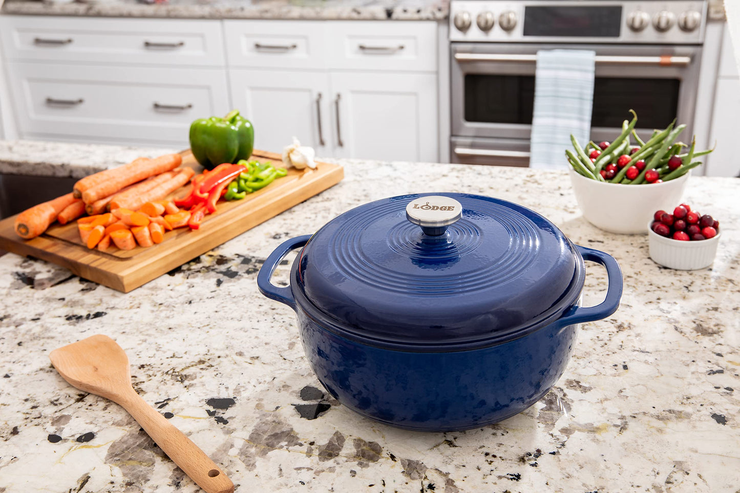 Lodge 6 Quart Enameled Cast Iron Dutch Oven with Lid – Dual Handles – Oven Safe up to 500° F or on Stovetop - Use to Marinate, Cook, Bake, Refrigerate and Serve – Blue