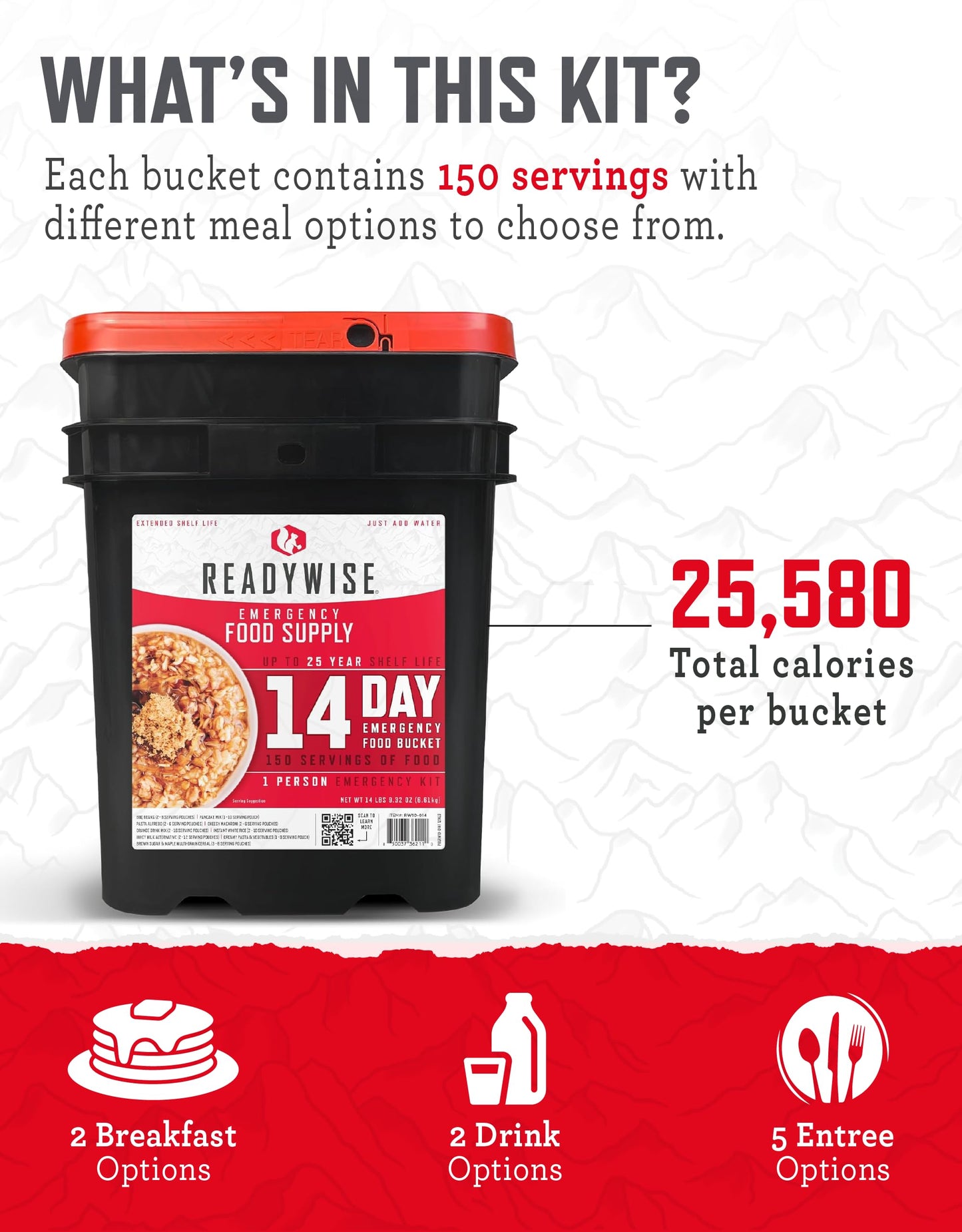 READYWISE- 1 Year, Emergency Food Supply, 3,576 Servings, 24 Buckets, Freeze-Dried, MRE, Camping, Hiking, Survival, Adventure Meal, 25-Year Shelf Life