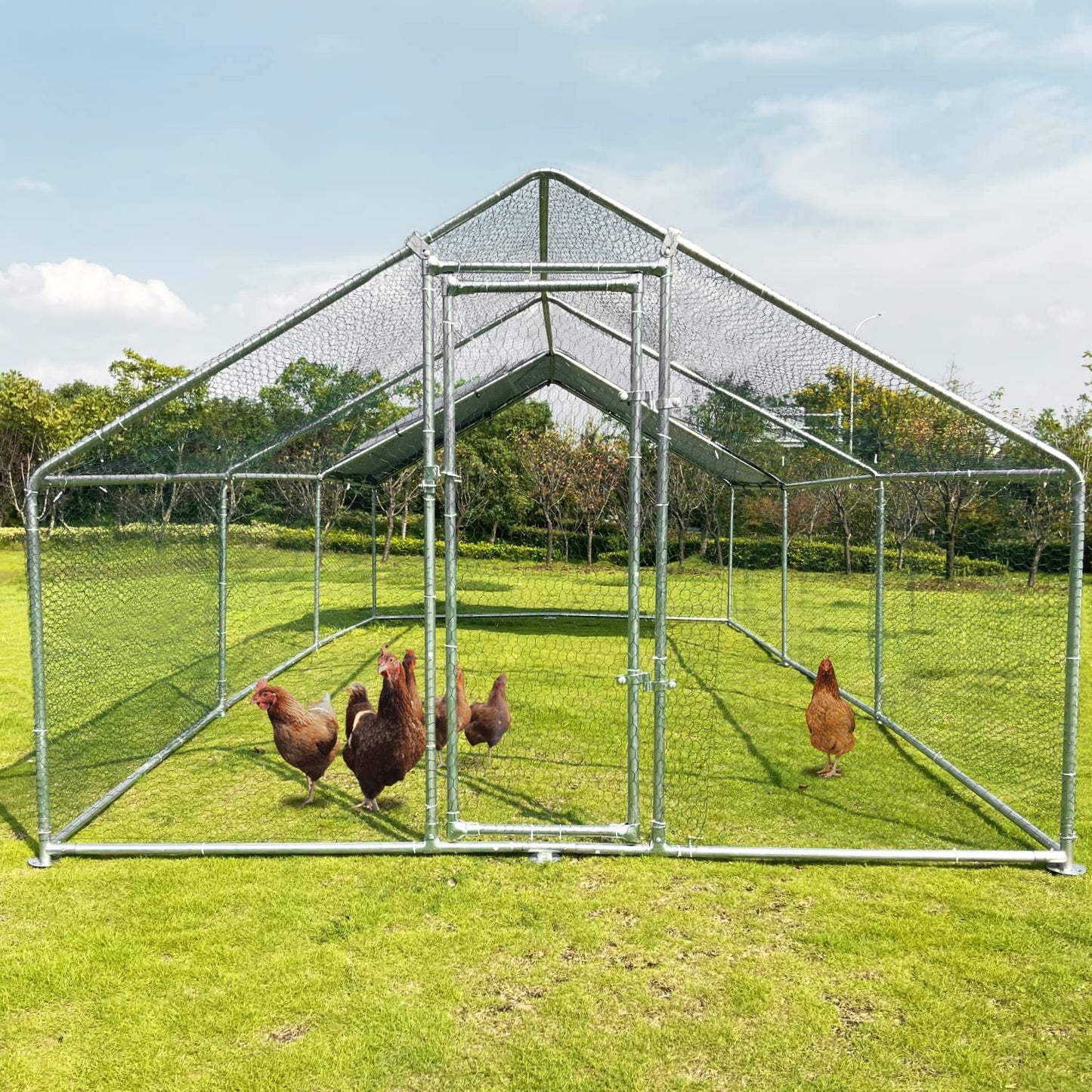 Large Metal Chicken Coop Walk-in Poultry Cage Chicken Run Pen Dog Kennel Duck House with Waterproof and Anti-Ultraviolet Cover for Outdoor Farm Use(9.8' L x 13.1' W x 6.4' H)