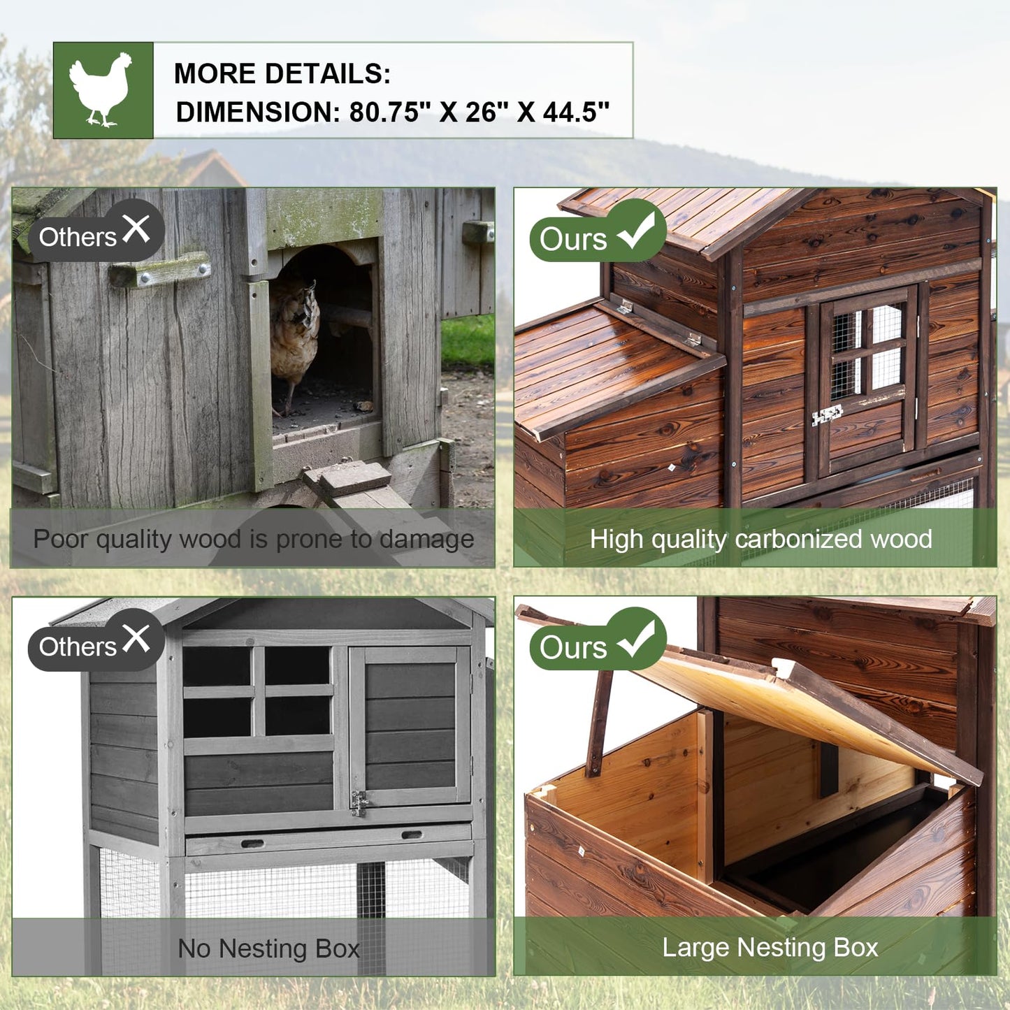 Wooden Chicken Coop Large Walk-in Outdoor Hen House with Nesting Box and Run,Poultry Cage Rabbit Hutch Waterproof UV Panel Cover for 2-4 Chickens 80''H Deep Brown #821 (80.75" L x 22" W x 44.5" H)