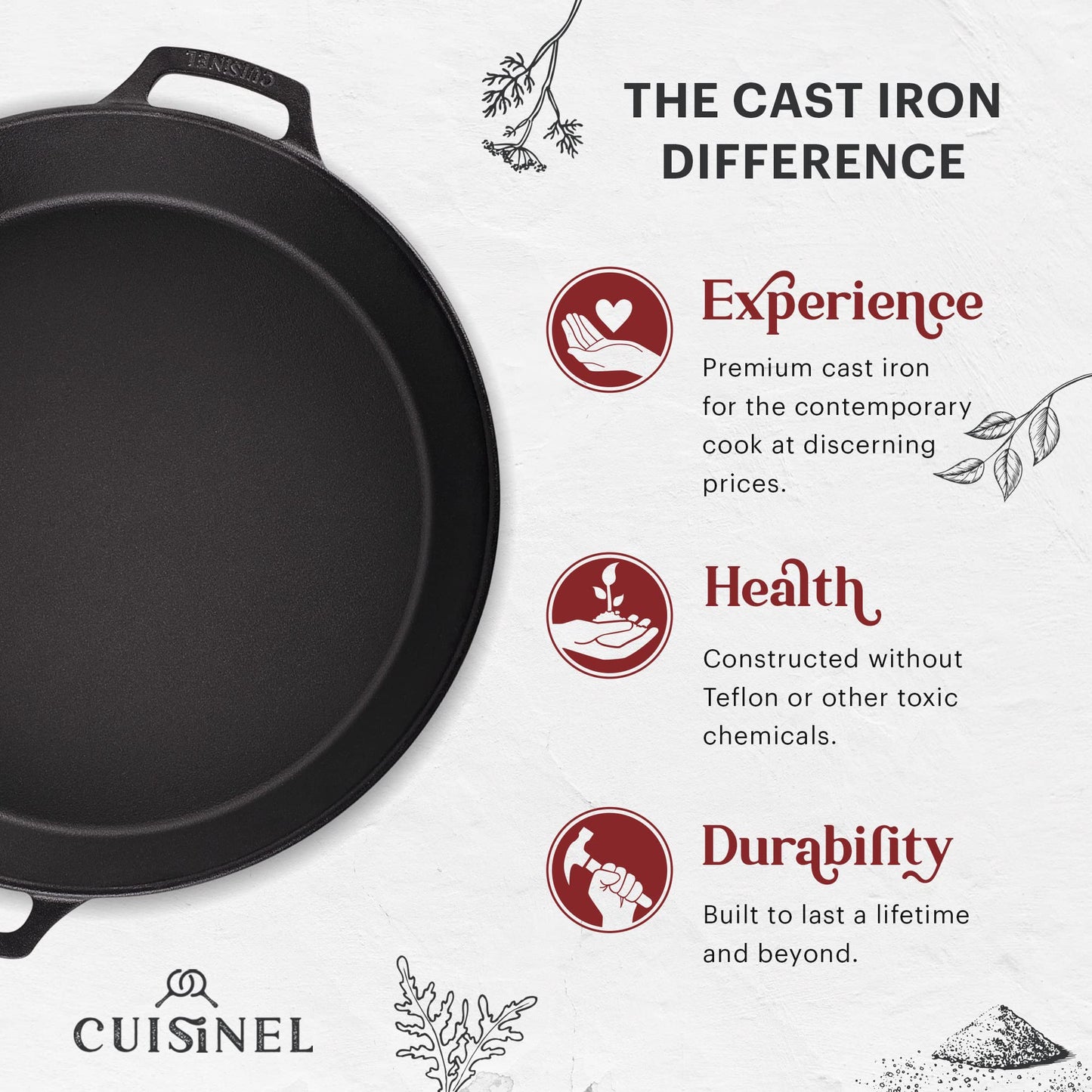 Cuisinel Cast Iron Skillet with Lid - 12"-inch Pre-Seasoned Covered Frying Pan Set + Silicone Handle & Lid Holders + Scraper/Cleaner - Indoor/Outdoor, Oven, Stovetop, Camping Fire, Grill Safe Cookware