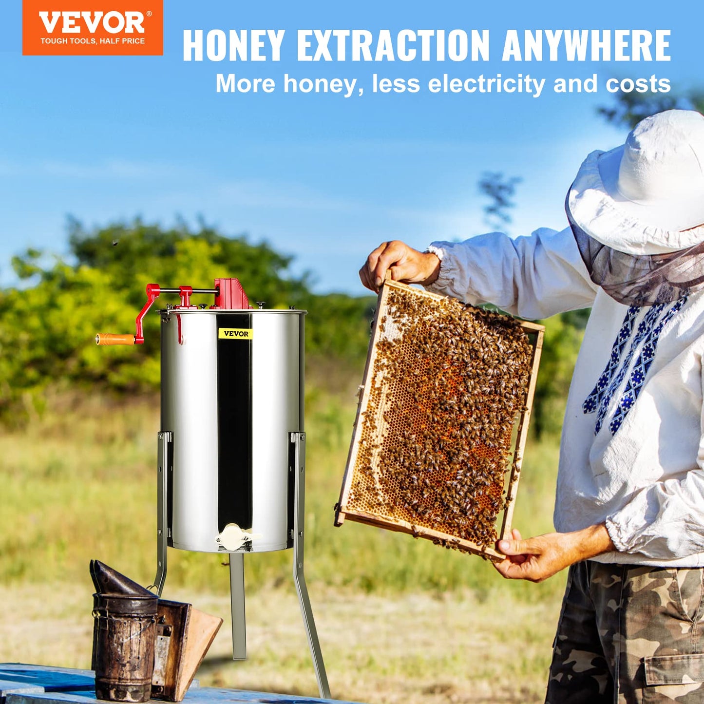 VEVOR 3 Frame Honey Extractor, Stainless Steel Manual Beekeeping Extraction, Honeycomb Drum Spinner with Transparent Lid, Apiary Centrifuge Equipment with Height Adjustable Stand