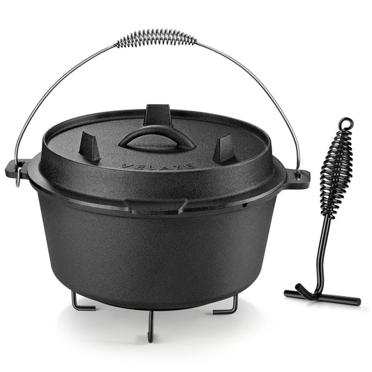 Velaze 10QT Camping Dutch Oven, Pre-Seasoned Cast Iron Camp Dutch Oven Pot with Lid, for Use in the Oven, on the Stove, Grill, or over the Campfire - Metal Handle, Lid Lifter, and Tripod