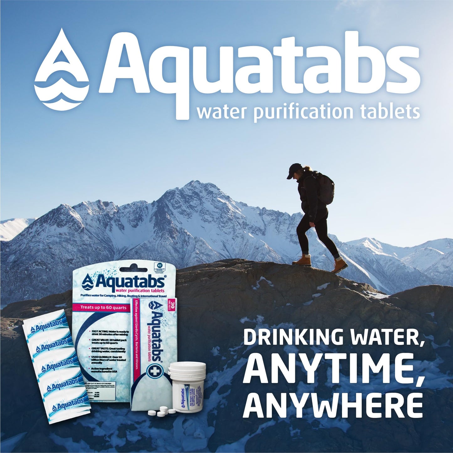 Aquatabs 397mg Water Purification Tablets (100 Pack). Water Filtration System for, Camping, Emergencies, Survival, and RVs. Easy to Use Water Treatment and Disinfection.