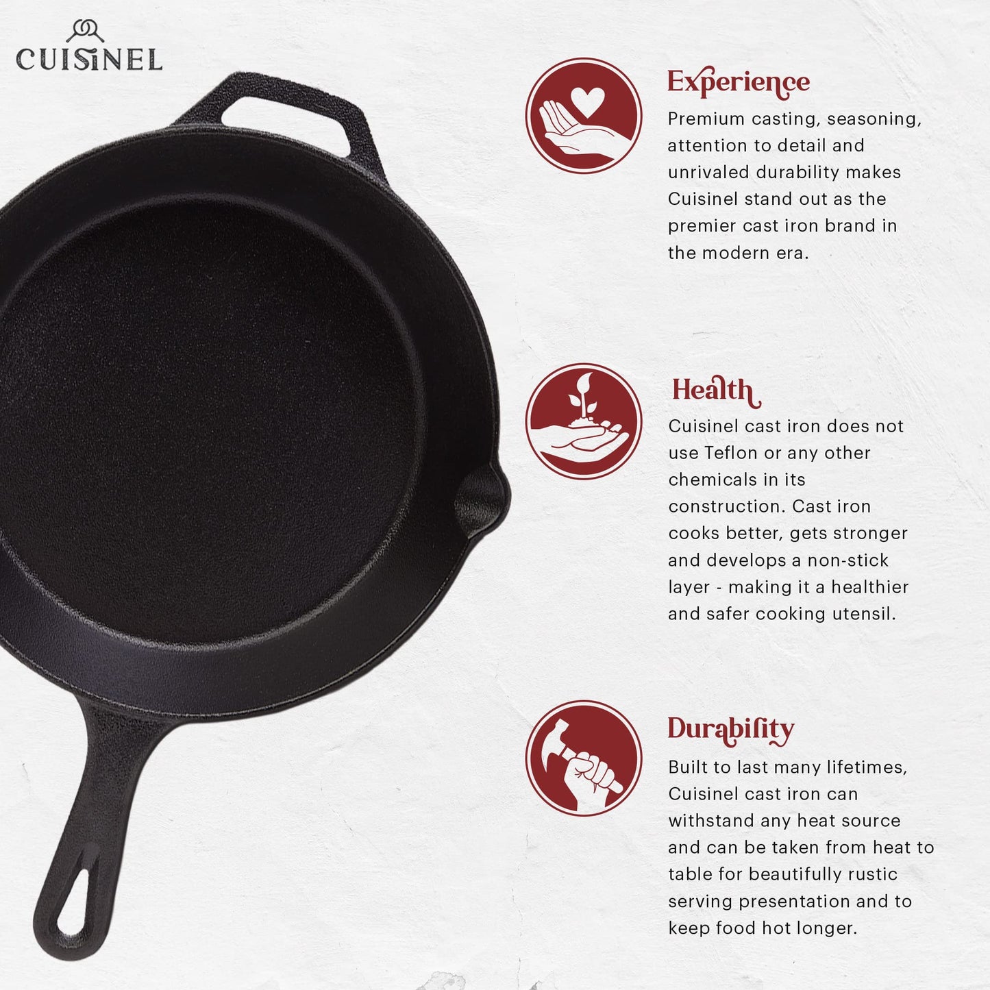 Cuisinel Cast Iron Skillet with Lid - 12"-inch Pre-Seasoned Covered Frying Pan Set + Silicone Handle & Lid Holders + Scraper/Cleaner - Indoor/Outdoor, Oven, Stovetop, Camping Fire, Grill Safe Cookware