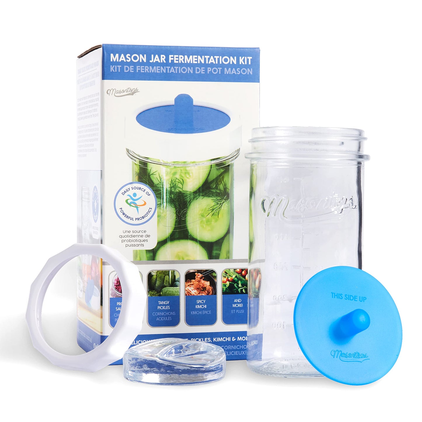 Masontops Complete Mason Jar Fermentation Kit - Pickle Kit, Sauerkraut Making Kit Kimchi Container - Fermentation Airlock Lids Wide Mouth Mason Jars