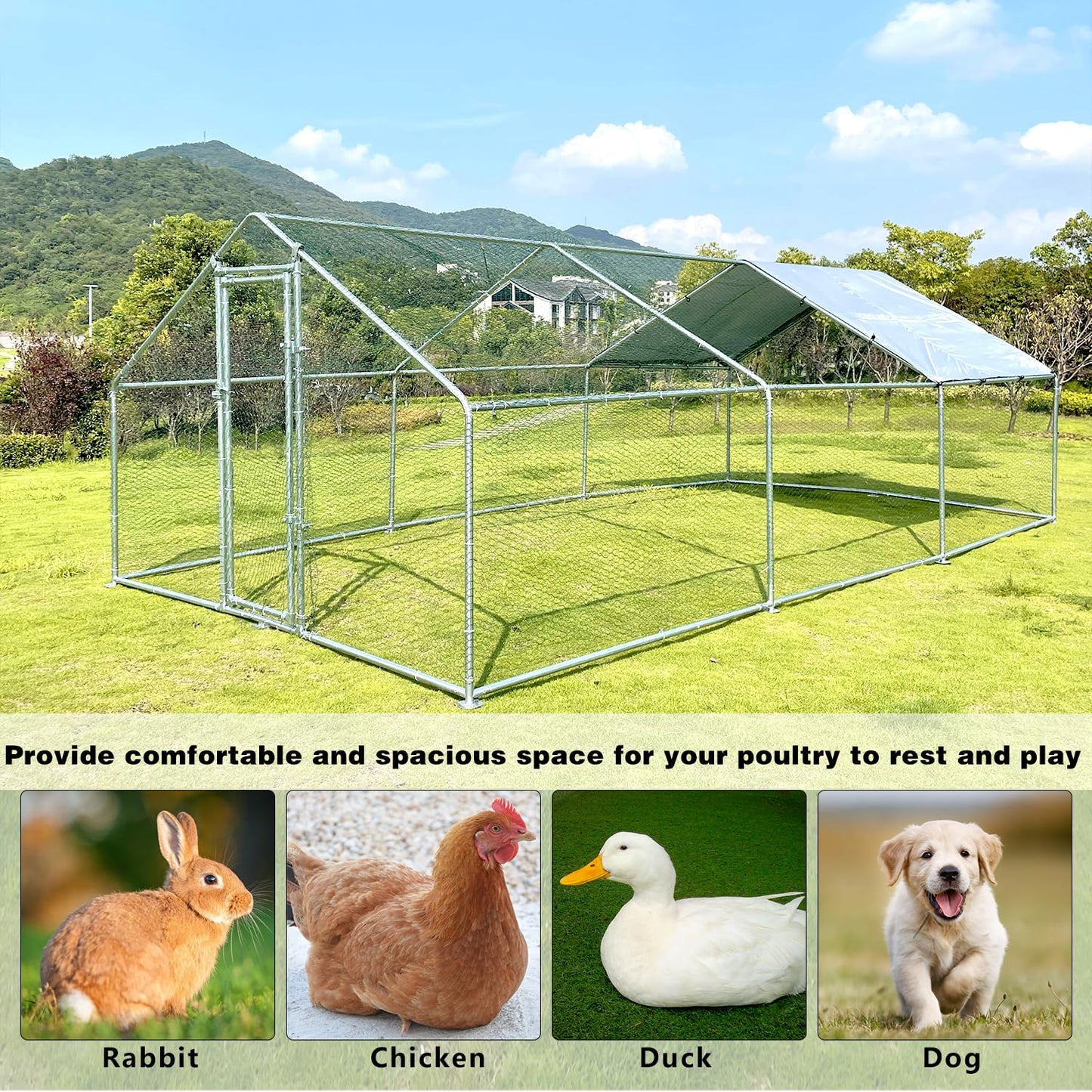 Large Metal Chicken Coop Walk-in Poultry Cage Chicken Run Pen Dog Kennel Duck House with Waterproof and Anti-Ultraviolet Cover for Outdoor Farm Use(9.8' L x 13.1' W x 6.4' H)