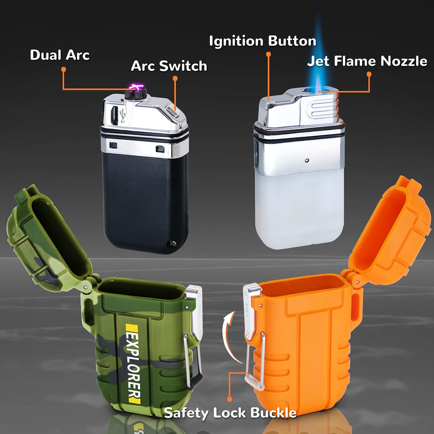 2 Pack Waterproof Lighter for Outdoor, Windproof Torch Lighter, Dual Arc Butane Electric Lighter, USB Rechargeable, Flameless Plasma Lighter for Camping Hiking Adventure Survival Tactical Gear