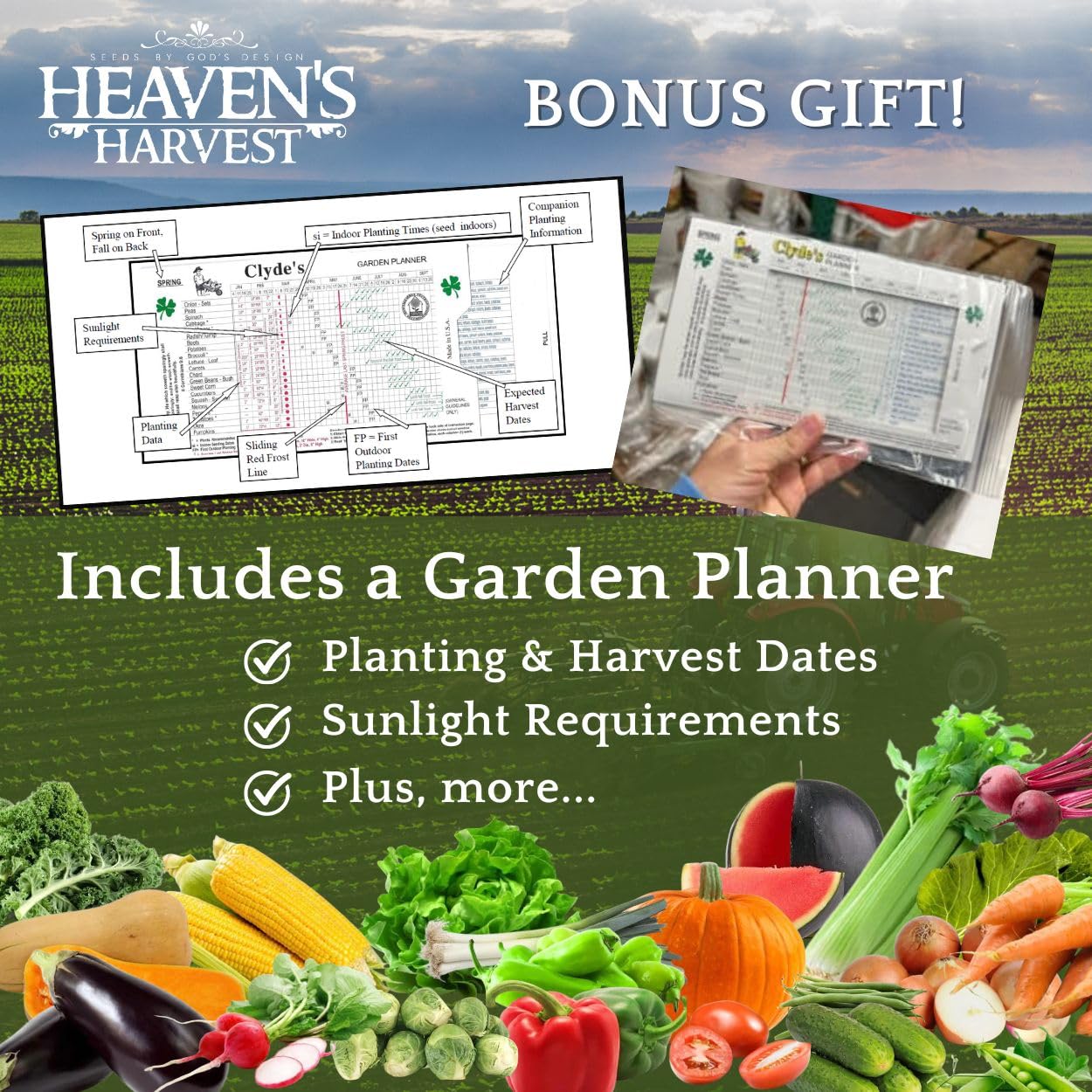 Heaven’s Harvest “10 Year Garden” Survival Seed Bank Kit | Over 25k Non-GMO Heirloom Vegetable Survival Seeds + 2 Free Bonus Items: Clyde’s Garden Planner + Seed Vault Storage Drum for 10 Year Storage