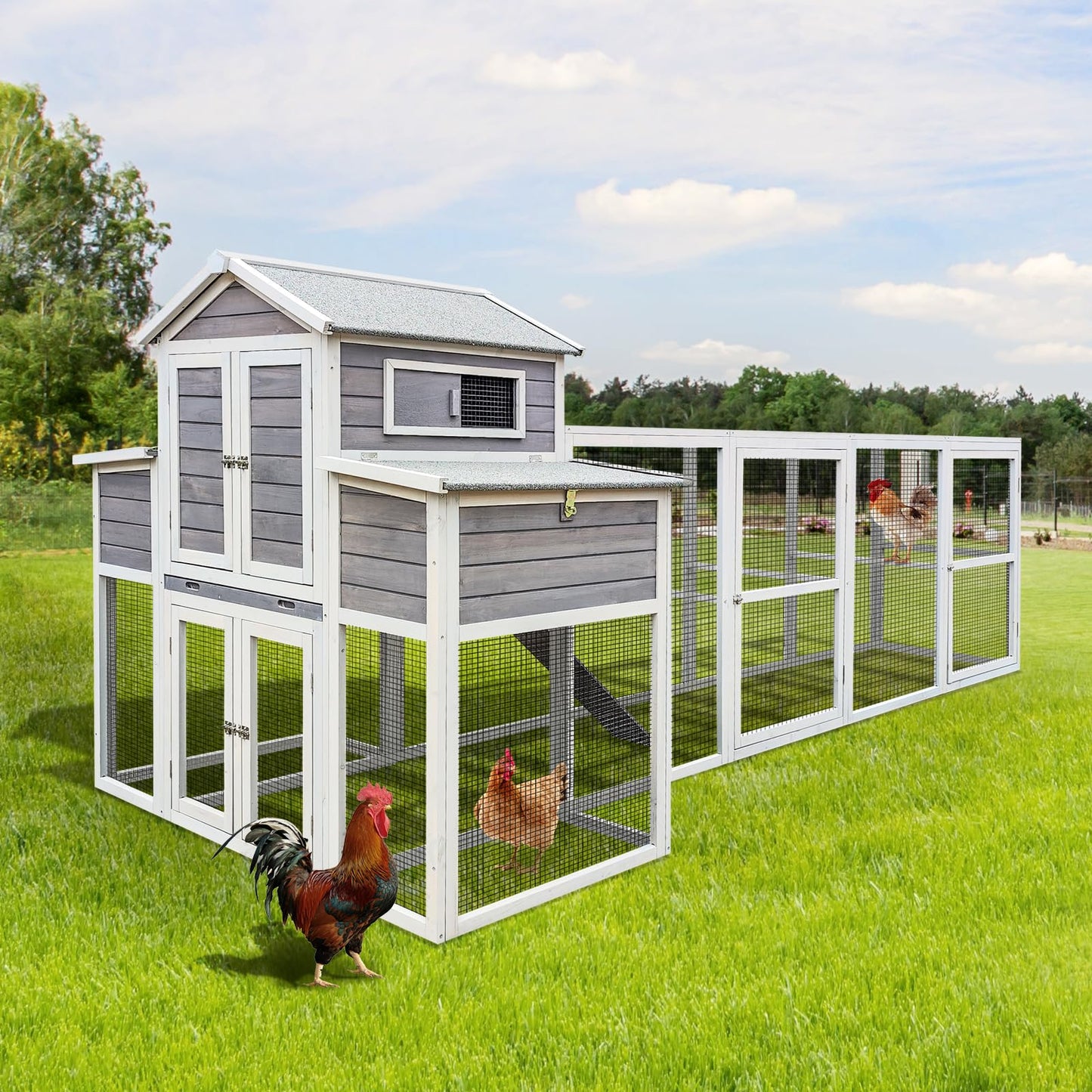 150" Chicken Coop with Two Nesting Boxes and Sliding Door,Outdoor Wooden Extra Large Hen House w/Built-in Slide-Out Tray,Rust-Proof Metal Wire Poultry Cage,5 Perches,Gray