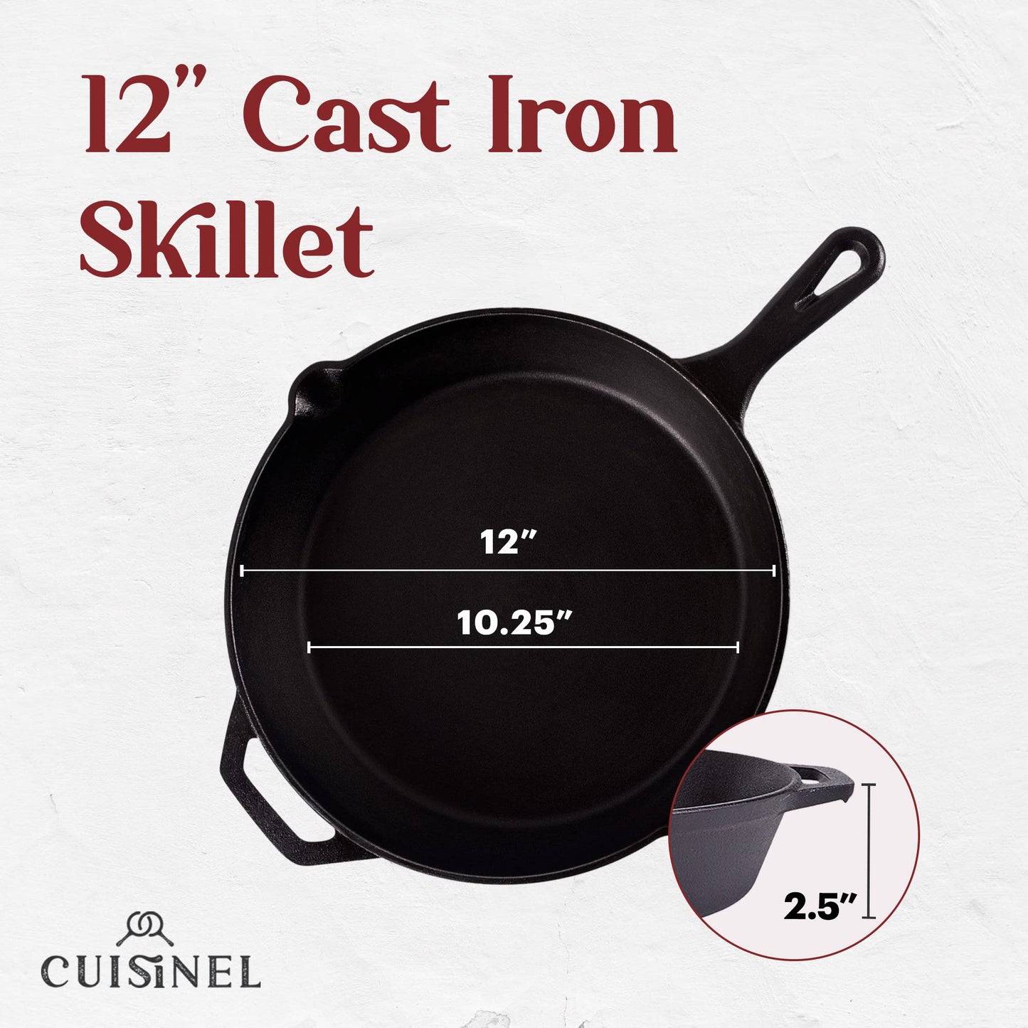 Cuisinel Cast Iron Skillet with Lid - 12"-inch Pre-Seasoned Covered Frying Pan Set + Silicone Handle & Lid Holders + Scraper/Cleaner - Indoor/Outdoor, Oven, Stovetop, Camping Fire, Grill Safe Cookware