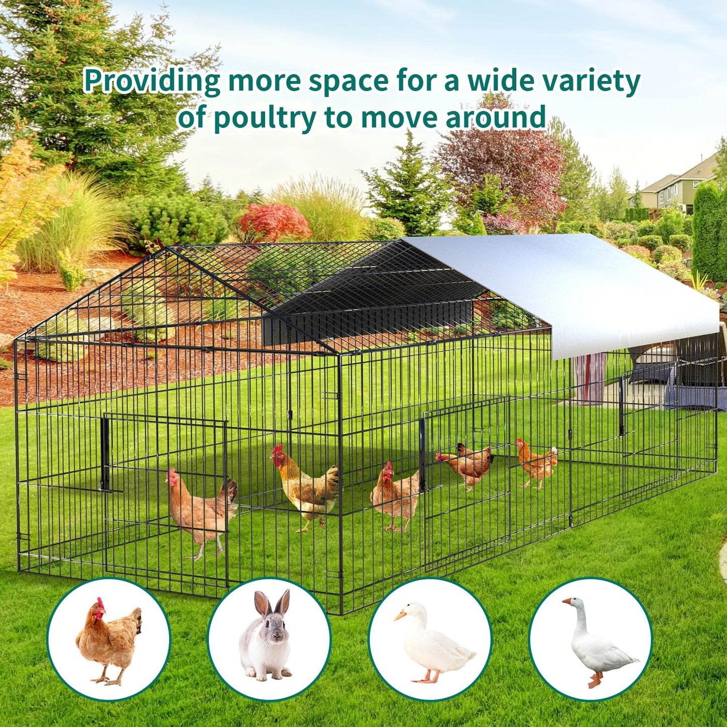 Large Metal Chicken Coop Walk-in Poultry Cage Chicken Run Pen Dog Kennel Duck House with Waterproof and Anti-Ultraviolet Cover for Outdoor Farm Use(9.8' L x 13.1' W x 6.4' H)