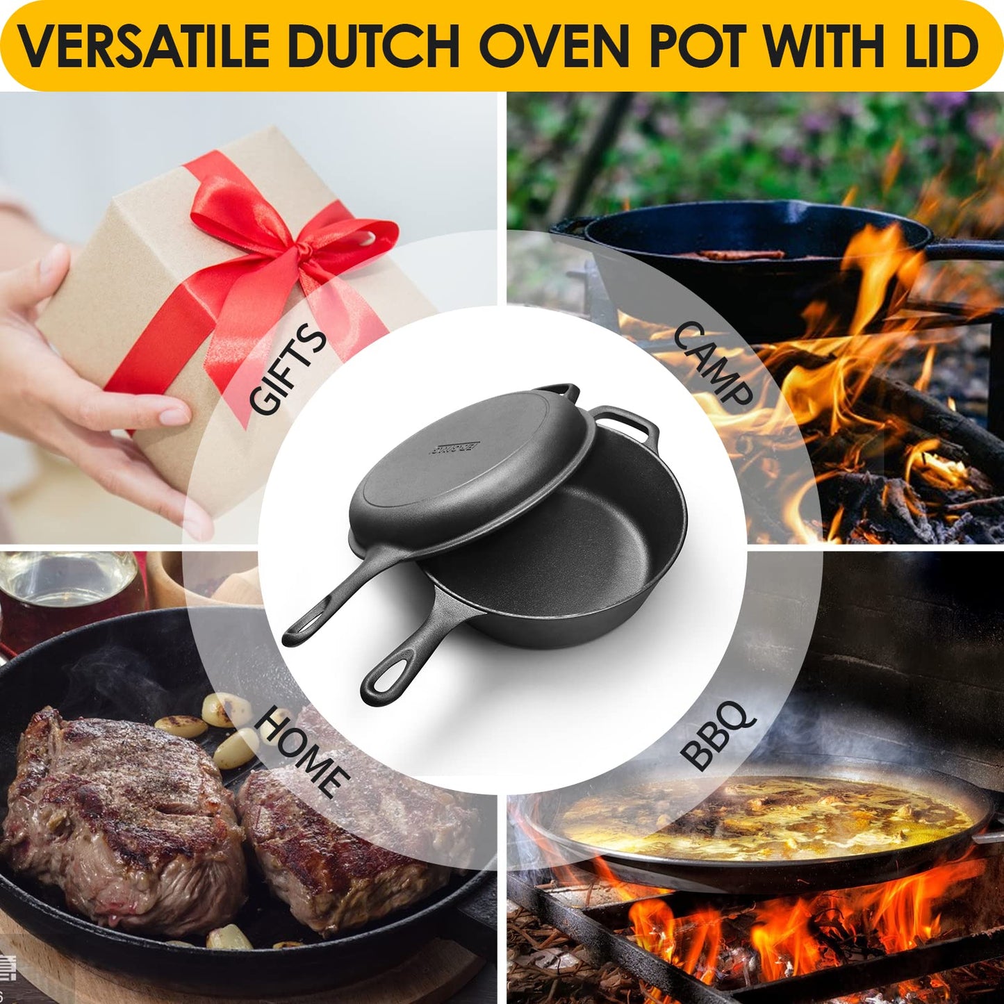 2-in-1 Pre-Seasoned Cast Iron Dutch Oven Pot with Skillet Lid Cooking Pan, Cast Iron Skillet Cookware Pan Set with Dual Handles Indoor Outdoor for Bread, Frying, Baking, Camping, BBQ, 5QT