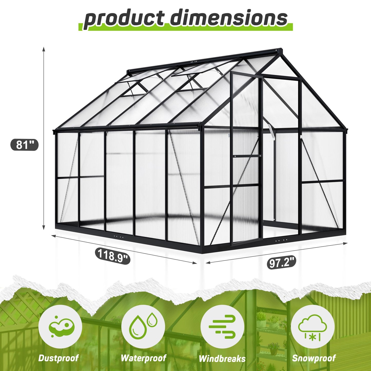 6x7.5 FT Greenhouse for Outdoors, Polycarbonate Greenhouse with Quick Setup Structure and Roof Vent, Aluminum Large Walk-in Greenhouse for Outside Garden Backyard, Black