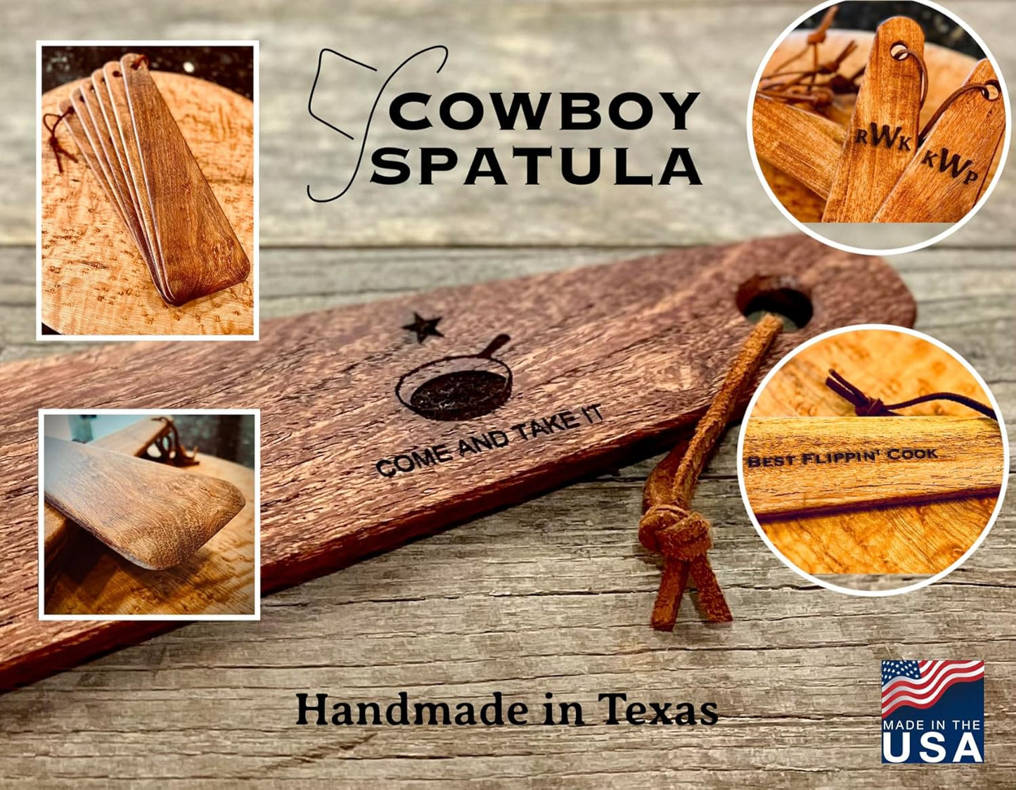 COWBOY SPATULA for Cast Iron, Mesquite Flat Wood Spatula, Made in USA, Handcrafted in Texas, Perfect for Cast Iron Skillet, Non Stick, Scraper, Wood Cooking Utensil, Personalize, Custom Engraved!