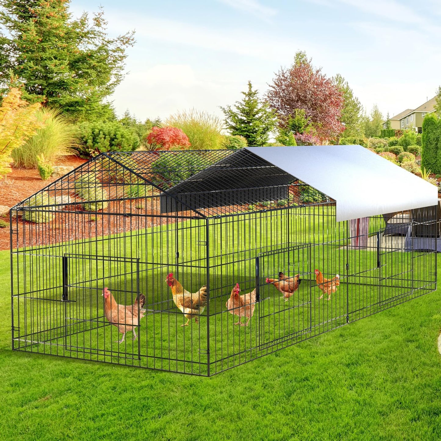 Large Metal Chicken Coop Walk-in Poultry Cage Chicken Run Pen Dog Kennel Duck House with Waterproof and Anti-Ultraviolet Cover for Outdoor Farm Use(9.8' L x 13.1' W x 6.4' H)