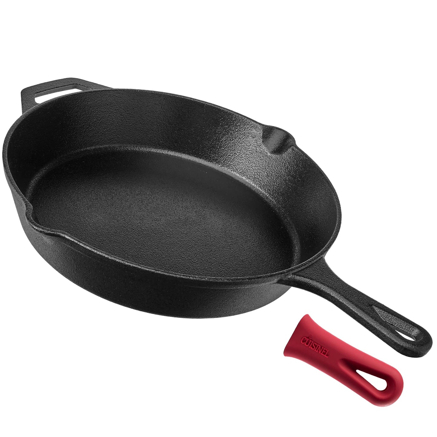 Cuisinel Cast Iron Skillet with Lid - 12"-inch Pre-Seasoned Covered Frying Pan Set + Silicone Handle & Lid Holders + Scraper/Cleaner - Indoor/Outdoor, Oven, Stovetop, Camping Fire, Grill Safe Cookware