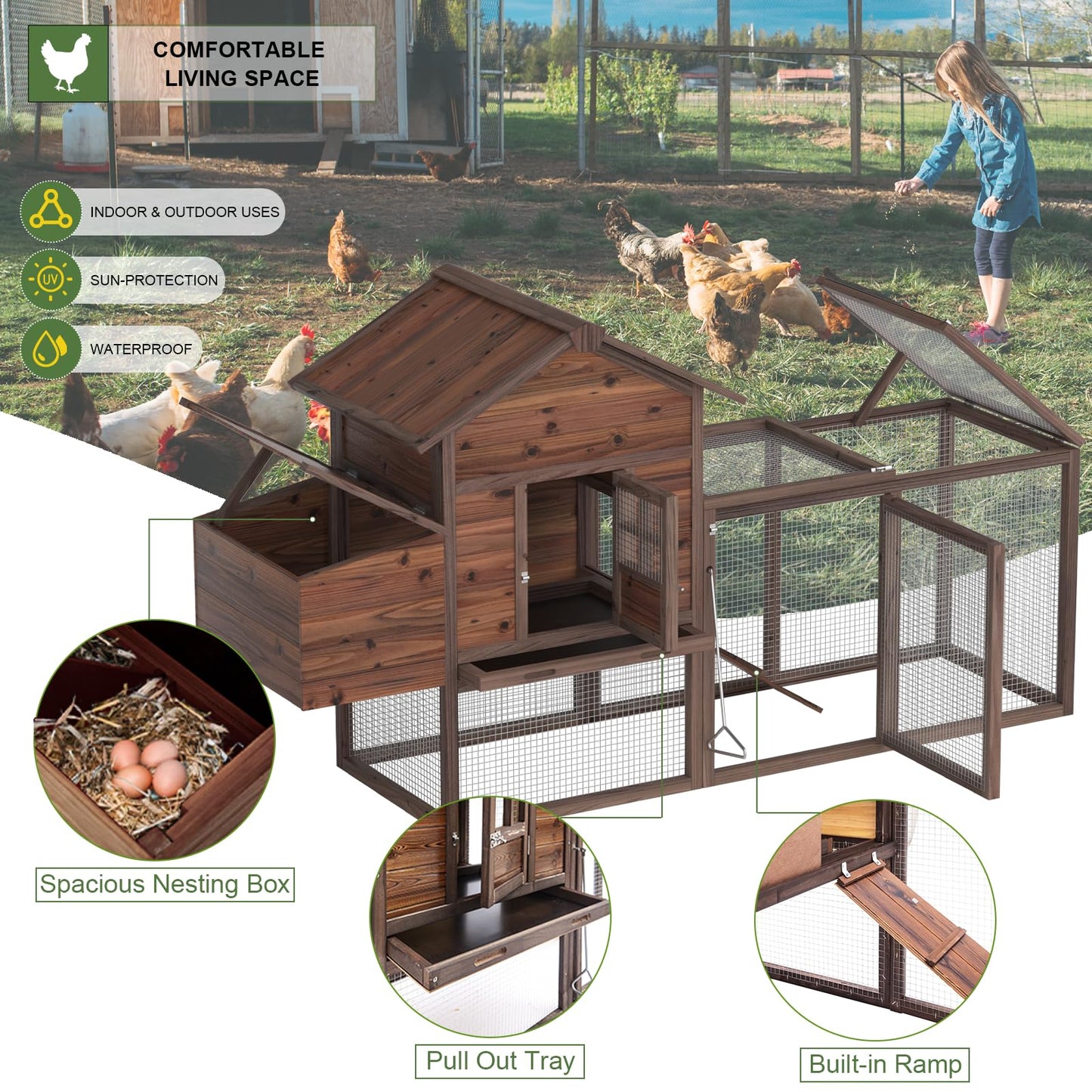 Wooden Chicken Coop Large Walk-in Outdoor Hen House with Nesting Box and Run,Poultry Cage Rabbit Hutch Waterproof UV Panel Cover for 2-4 Chickens 80''H Deep Brown #821 (80.75" L x 22" W x 44.5" H)