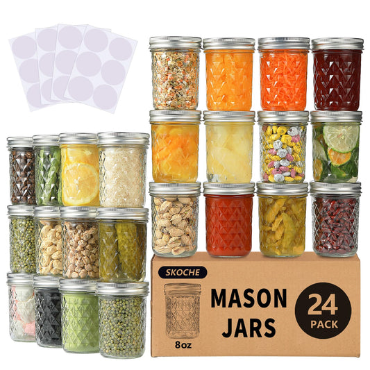 Mason Jars 8 oz 24 Pack Canning Jars with Airtight Lids and Bands, Ideal for Fermenting, Pickling, DIY Decors, Fruit Preserves, Jam or Jelly, 24 Labels Included