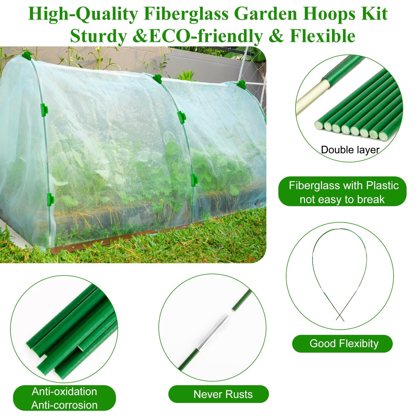 Greenhouse Hoops Grow Tunnel 10 Sets of 8FT Long Rust-Free Fiberglass Support Garden Hoops Kit for Raised Beds Garden Plant Cloth Row Cover Netting ,DIY Plant Support Garden Hoop ,60 Pcs